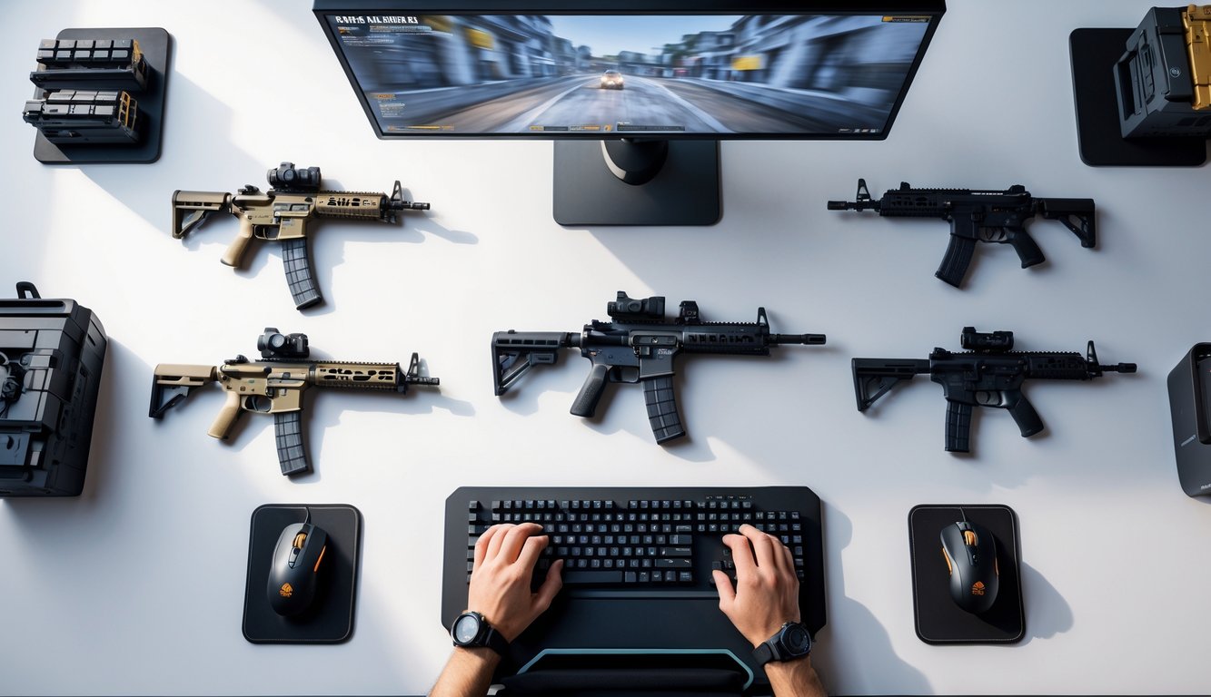 Tampilan atas dari meja gaming dengan keyboard, mouse, dan model berbagai jenis senjata dari Rainbow Six Siege yang disusun rapi di sekitar monitor yang menampilkan peta taktis.