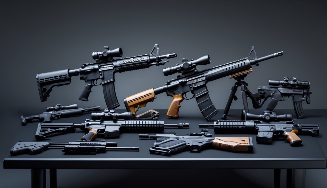 Berbagai jenis senjata modern seperti senapan serbu, senapan runduk, dan pistol tersusun rapi di atas meja hitam.