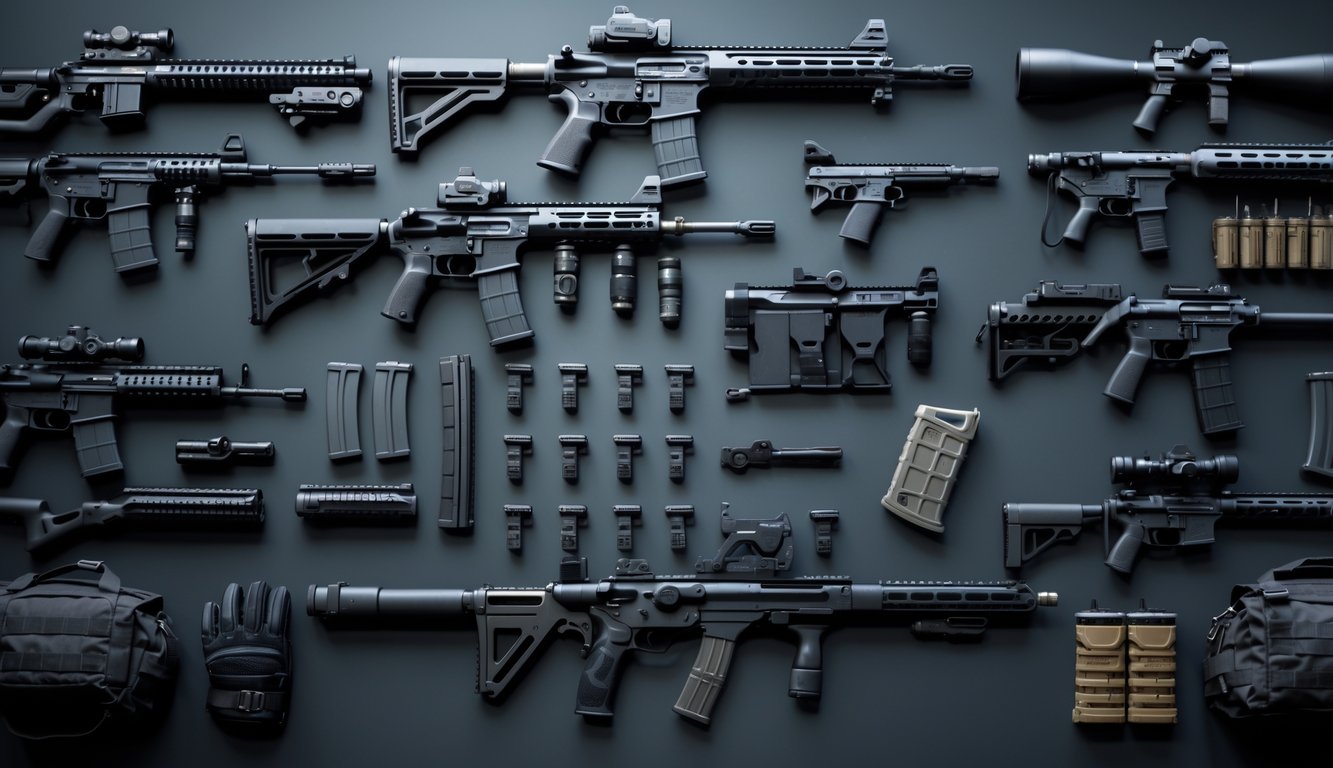 Berbagai jenis senjata dan perlengkapan taktis tersusun rapi di atas permukaan gelap.