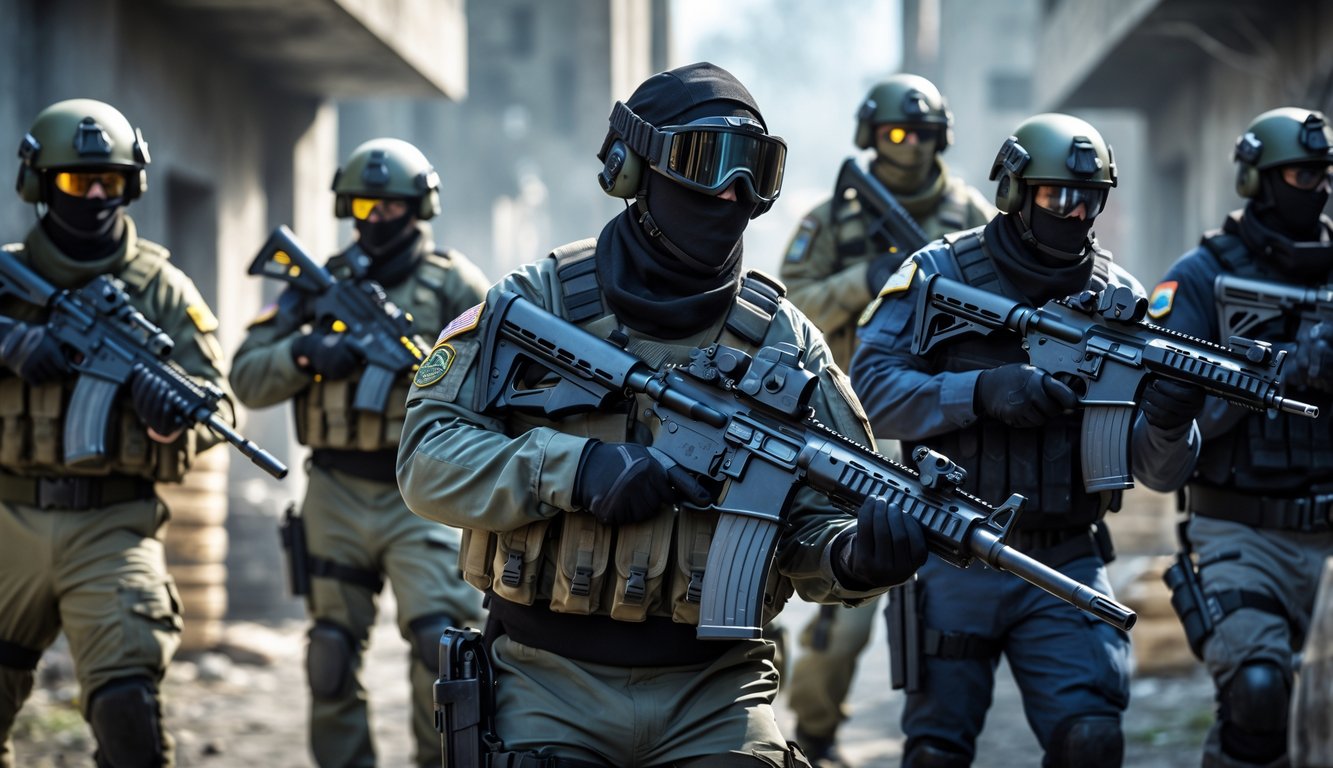 Sekelompok pasukan elit dengan perlengkapan militer modern sedang bersiap dalam lingkungan tempur perkotaan, masing-masing memegang senjata berbeda.