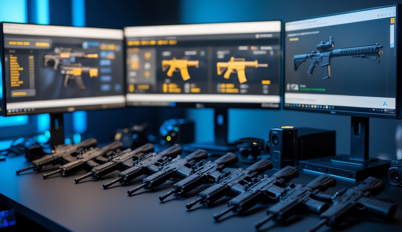 Sebuah setup permainan video dengan beberapa senjata dari Rainbow Six Siege yang ditampilkan di atas meja dalam suasana gaming yang intens.