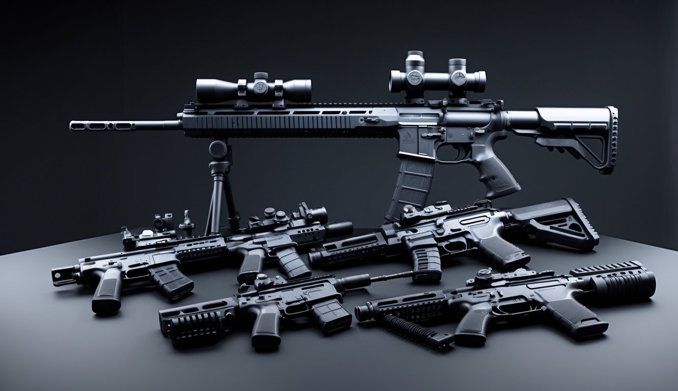 Beberapa senjata modern dengan aksesori taktis tersusun rapi di atas permukaan gelap.