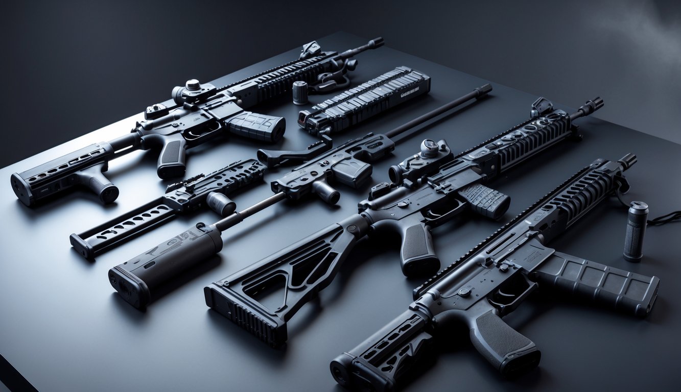 Berbagai senjata taktis dengan aksesori yang tertata rapi di atas permukaan gelap.