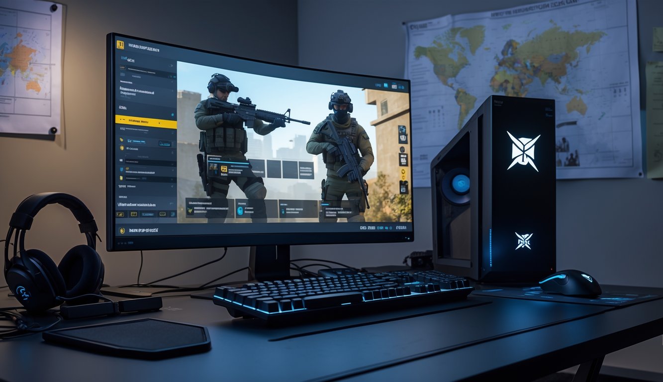 Seorang pemain game sedang duduk di depan komputer dengan layar menampilkan pilihan senjata dan operator dalam permainan Rainbow Six Siege, dikelilingi oleh perlengkapan gaming di ruangan yang tertata rapi.