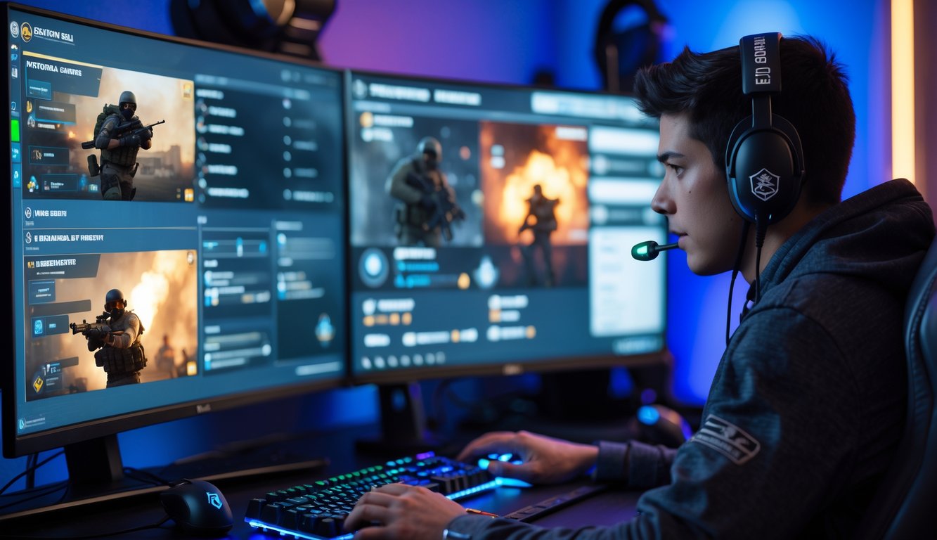 Seorang gamer muda fokus bermain Rainbow Six Siege di depan beberapa monitor dengan perlengkapan gaming di sekitarnya.