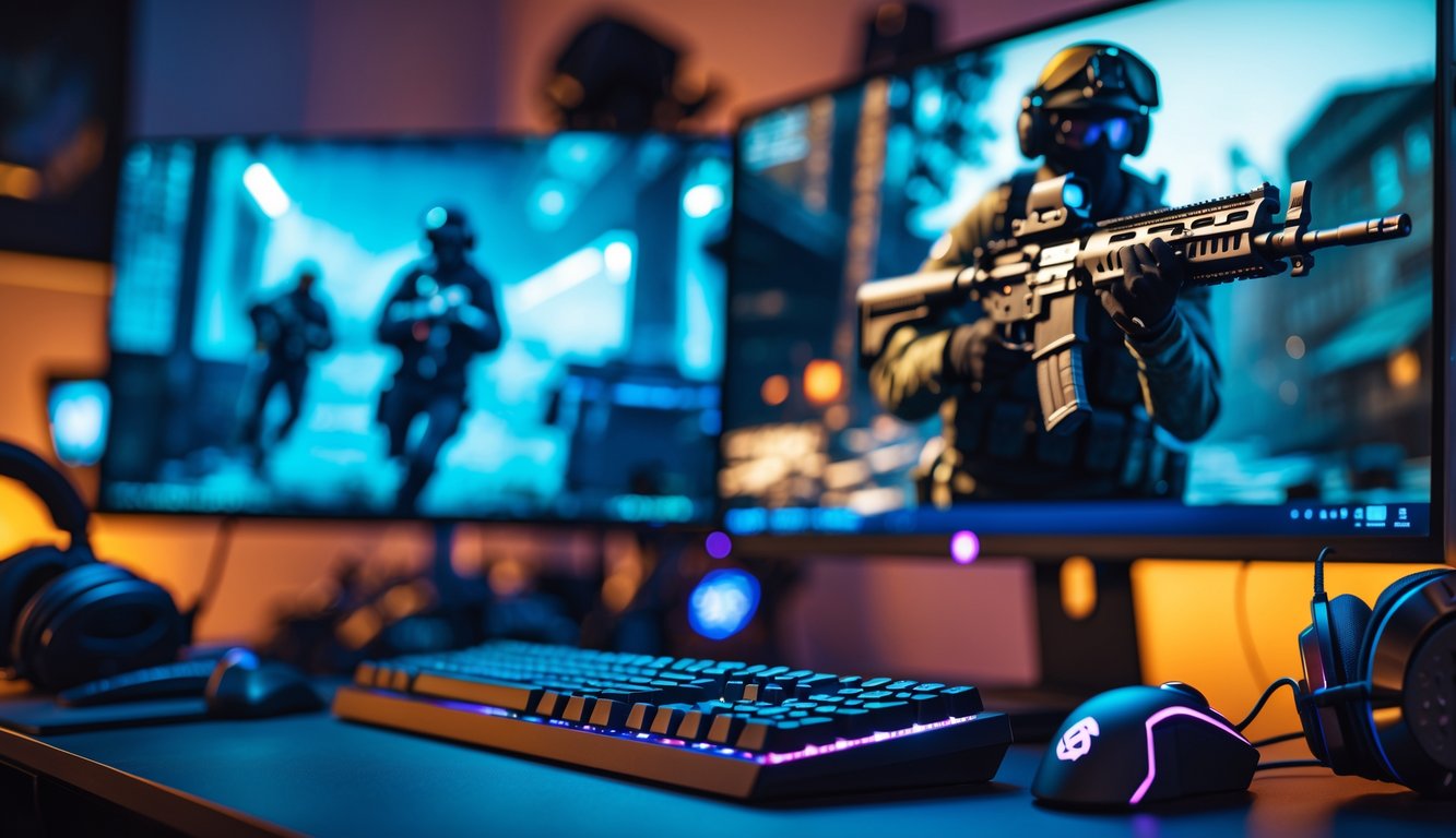 Sebuah setup gaming dengan keyboard, mouse, dan monitor yang menampilkan permainan tembak-menembak taktis, dengan suasana fokus dan peralatan gaming di sekitarnya.