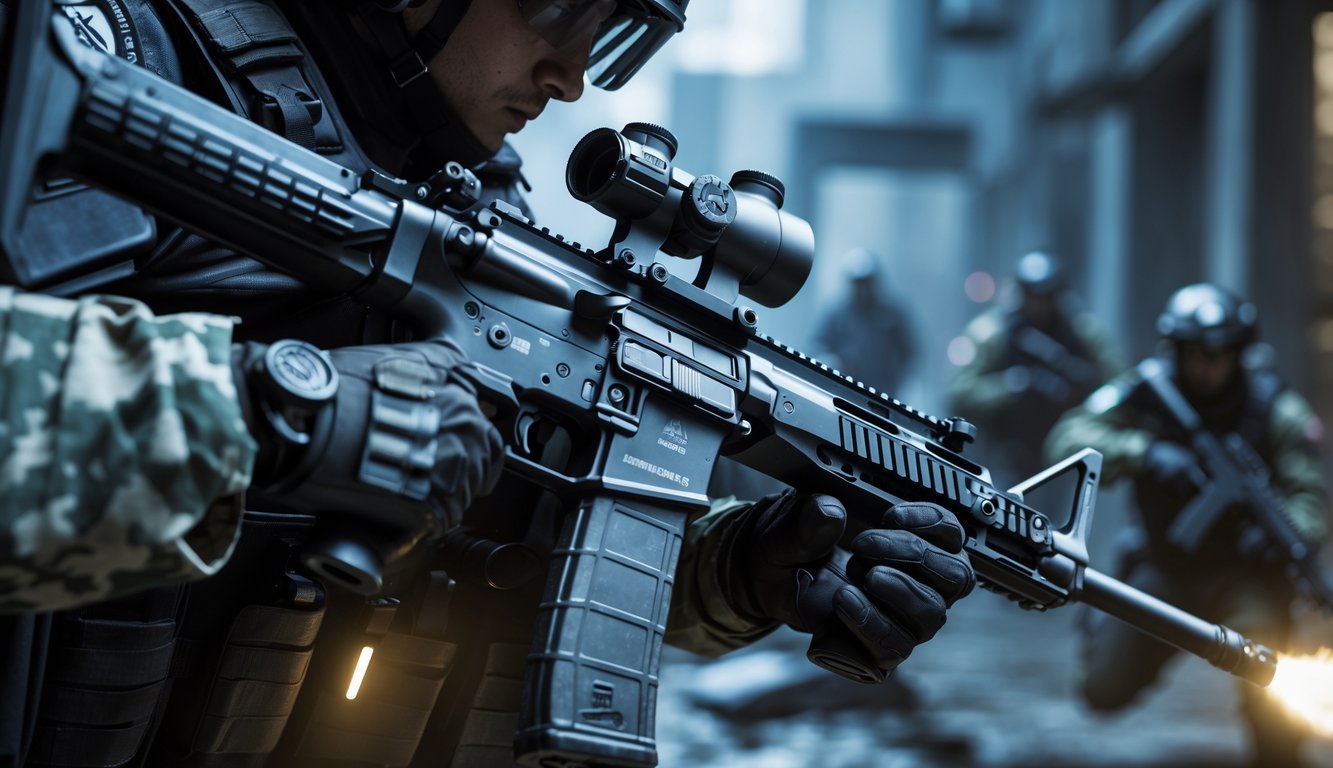 Seorang operator taktis memegang senjata modern dengan latar belakang lingkungan pertempuran perkotaan yang samar.