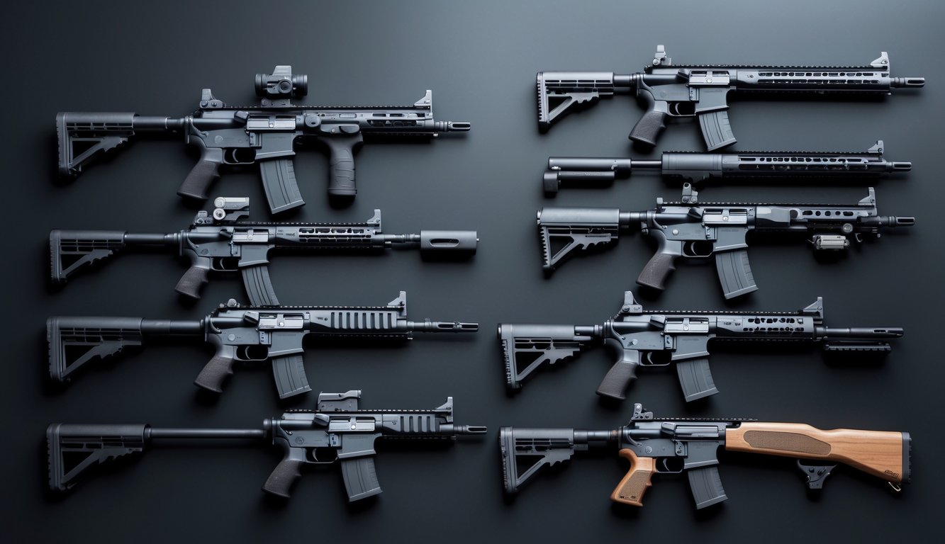 Beberapa jenis senjata taktis modern seperti senapan serbu, SMG, dan shotgun yang tersusun rapi di atas permukaan hitam.