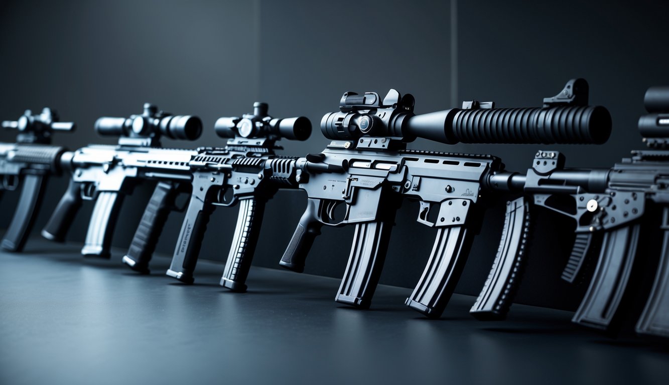 Deretan berbagai jenis senjata utama seperti senapan serbu, SMG, dan shotgun yang ditata rapi di atas permukaan gelap.