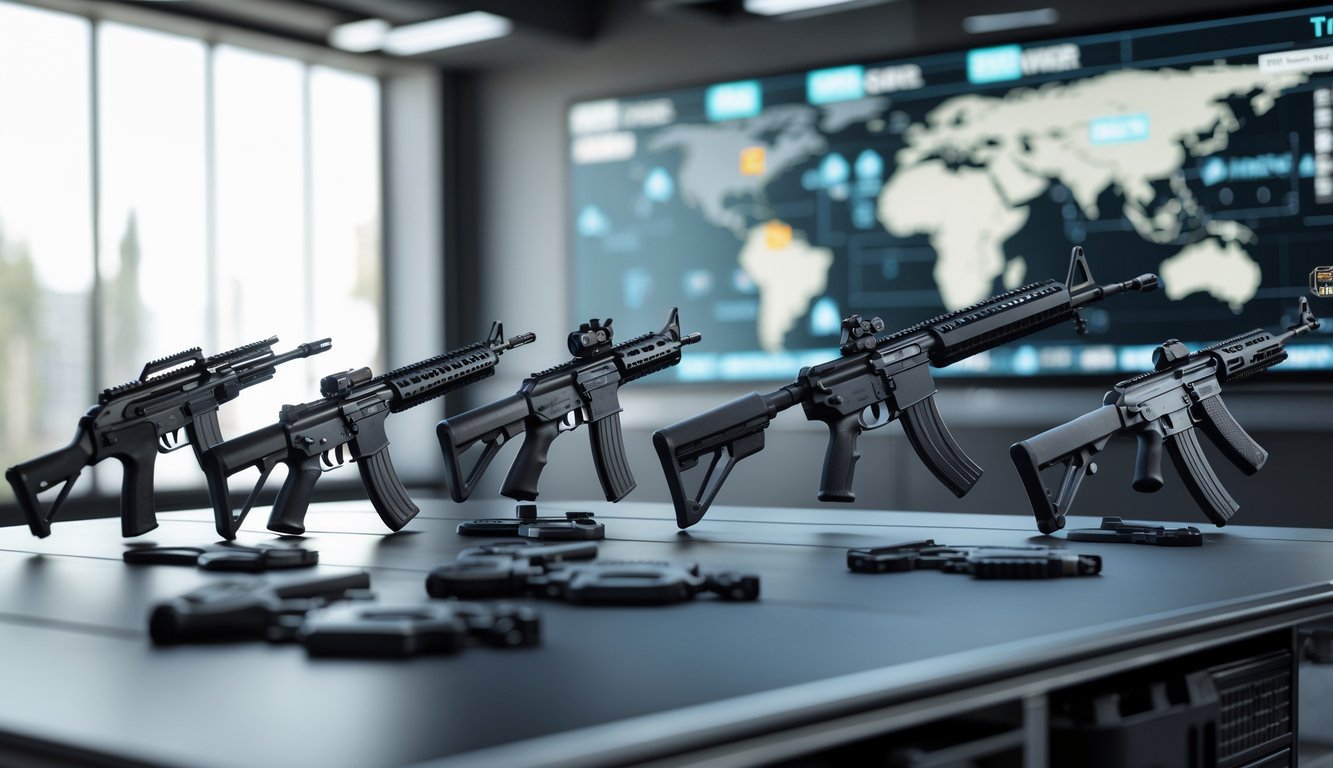 Berbagai senjata taktis dari Rainbow Six Siege ditampilkan di atas meja dengan latar belakang pusat komando dan peta strategi.