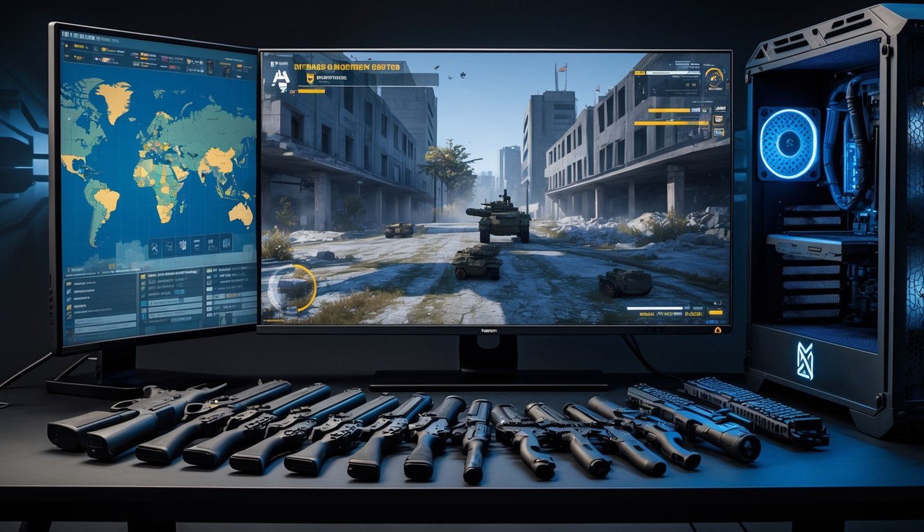 Sebuah meja dengan berbagai senjata video game dan layar komputer yang menampilkan peta strategis dari permainan tembak-menembak.