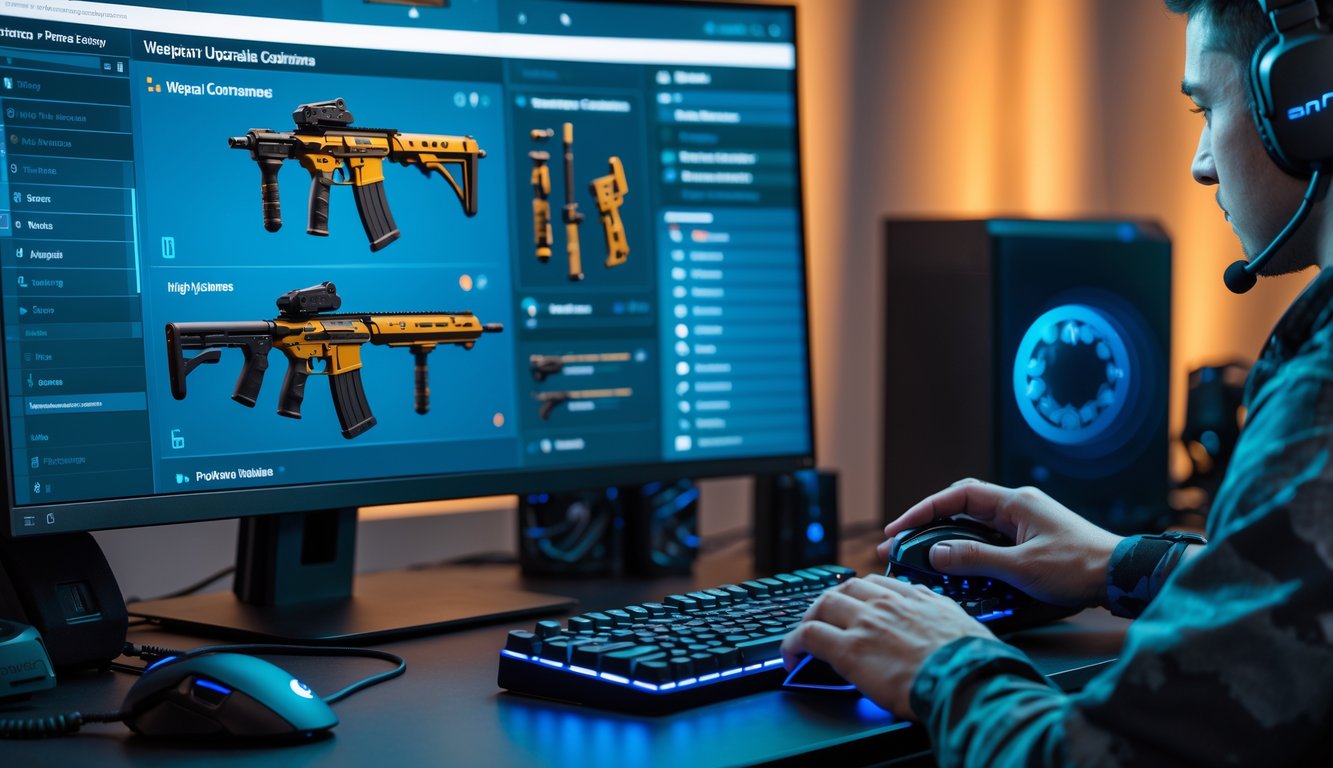 Seorang pemain game sedang meng-upgrade dan menyesuaikan senjata di layar komputer dengan berbagai pilihan bagian senjata terlihat.