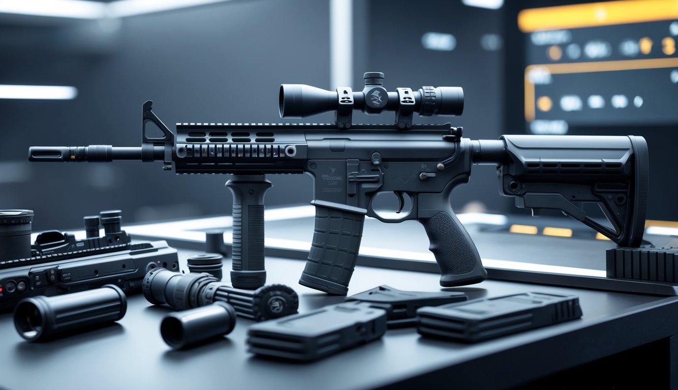 Pemandangan dekat senjata api taktis yang dapat di-upgrade dengan berbagai aksesori di meja kerja dalam suasana permainan video.