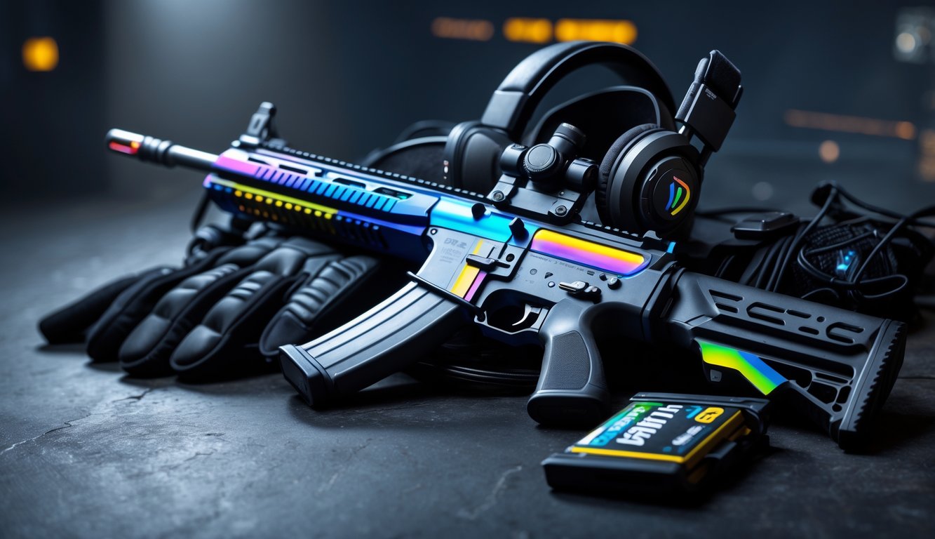 Senjata taktis dengan aksen warna pelangi diletakkan di atas meja bersama perlengkapan tempur lainnya.
