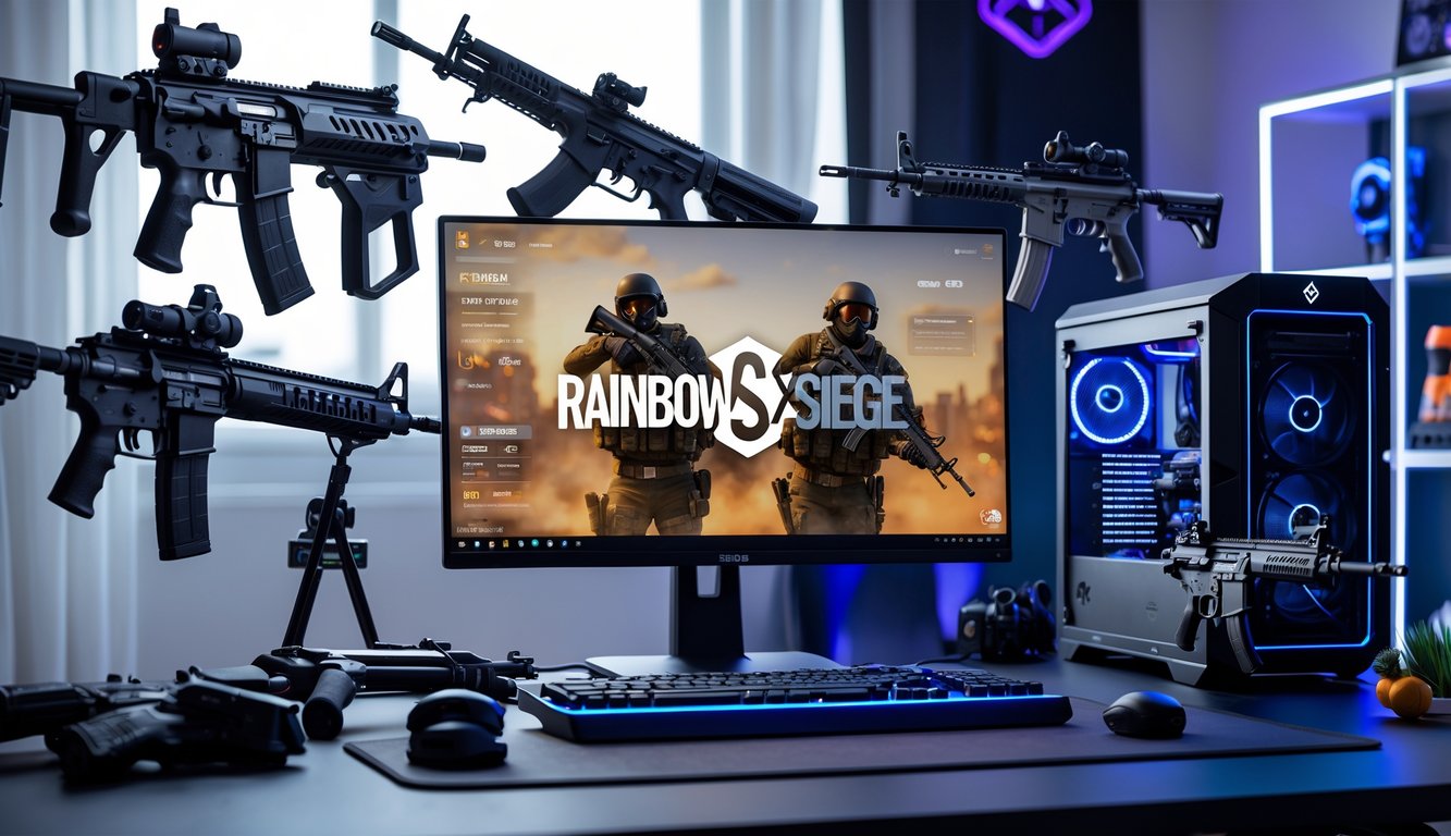 Setup gaming dengan monitor menampilkan permainan Rainbow Six Siege dan model senjata terbaik dari permainan tersebut di atas meja.