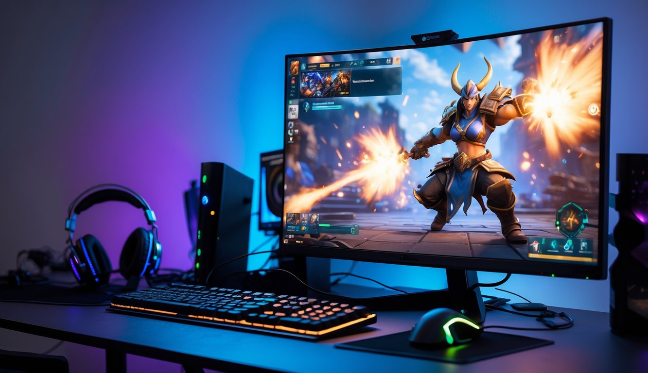 Sebuah setup gaming dengan monitor menampilkan karakter pahlawan sedang menyerang dalam permainan, dikelilingi oleh keyboard, mouse, dan headphone di meja.