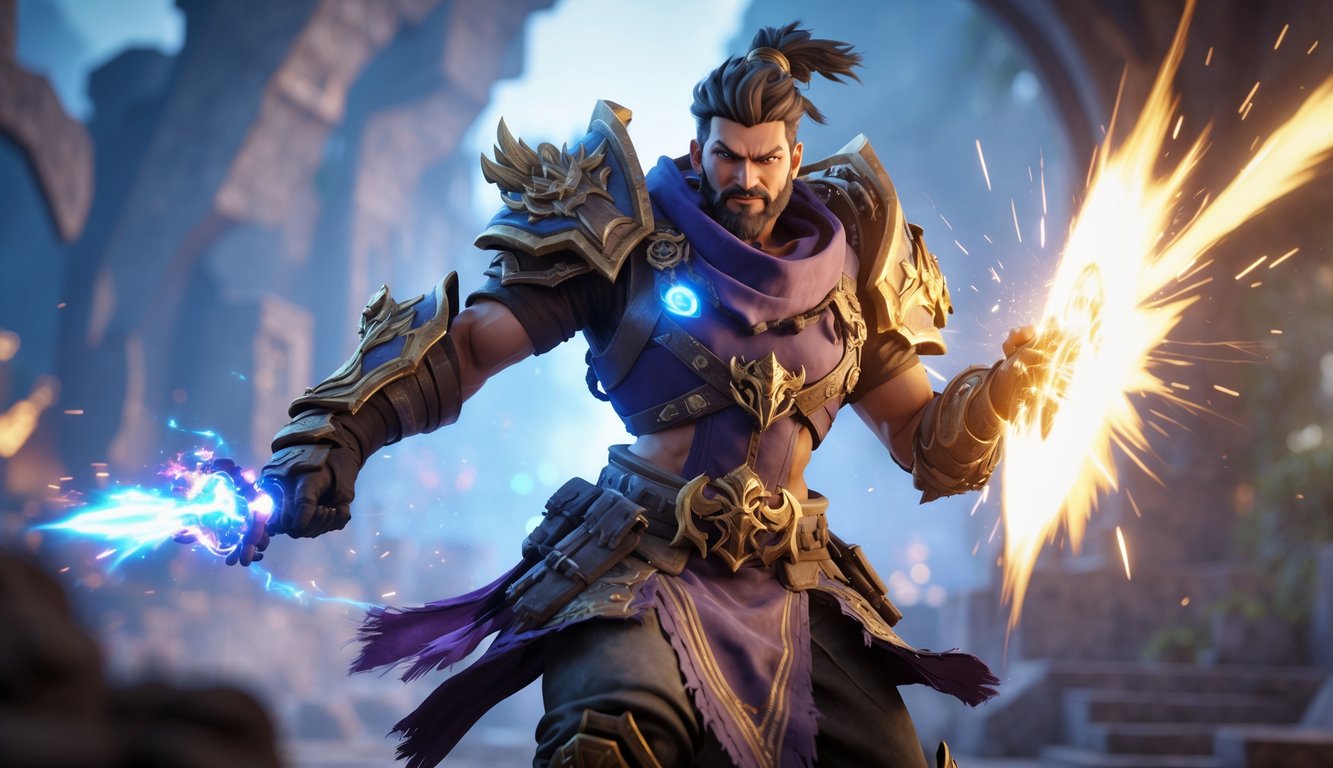 Seorang pahlawan dalam permainan sedang melancarkan serangan kuat di medan pertempuran fantasi.