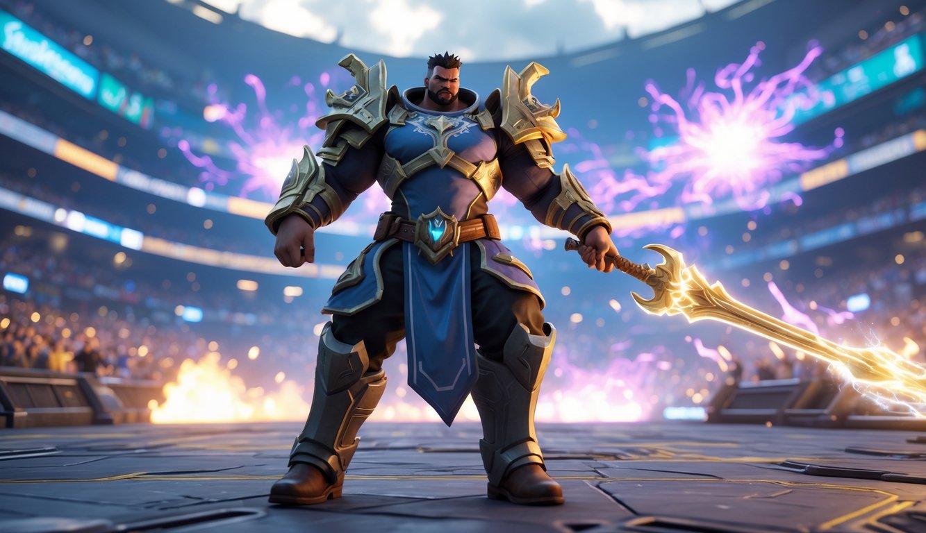 Seorang pahlawan kuat berdiri di tengah arena pertempuran yang penuh energi dan ledakan cahaya.