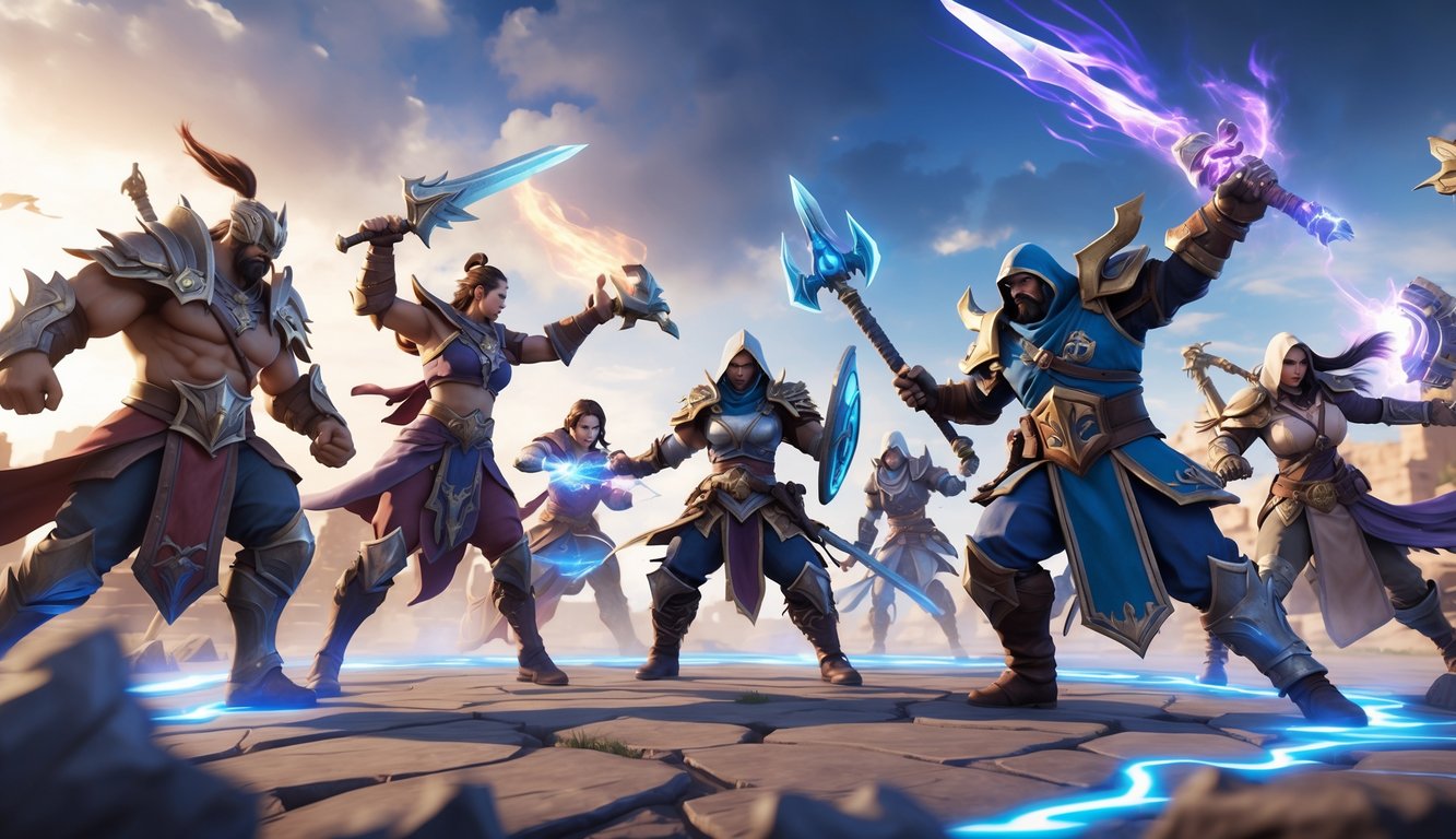 Beberapa pahlawan dalam arena pertempuran sedang bertarung dengan latar belakang medan perang yang penuh energi dan efek magis.