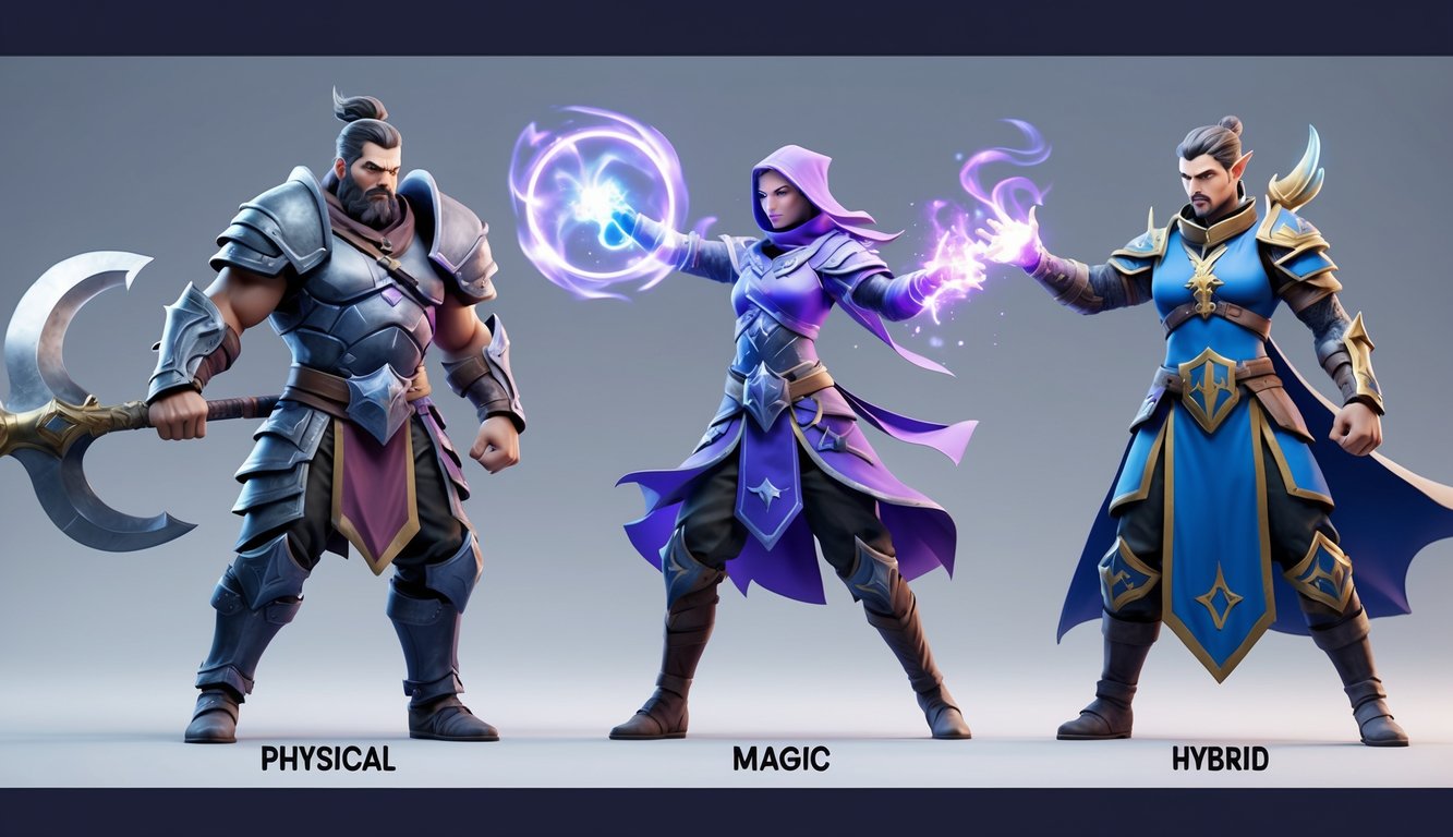 Tiga karakter pahlawan dari permainan AOV yang mewakili tipe damage fisik, magis, dan hibrida dalam latar medan pertempuran fantasi.