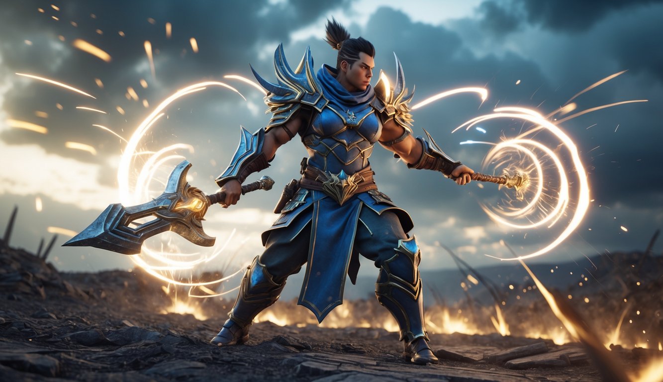 Seorang pahlawan kuat dengan senjata bercahaya sedang beraksi di medan perang dengan langit gelap di belakangnya.