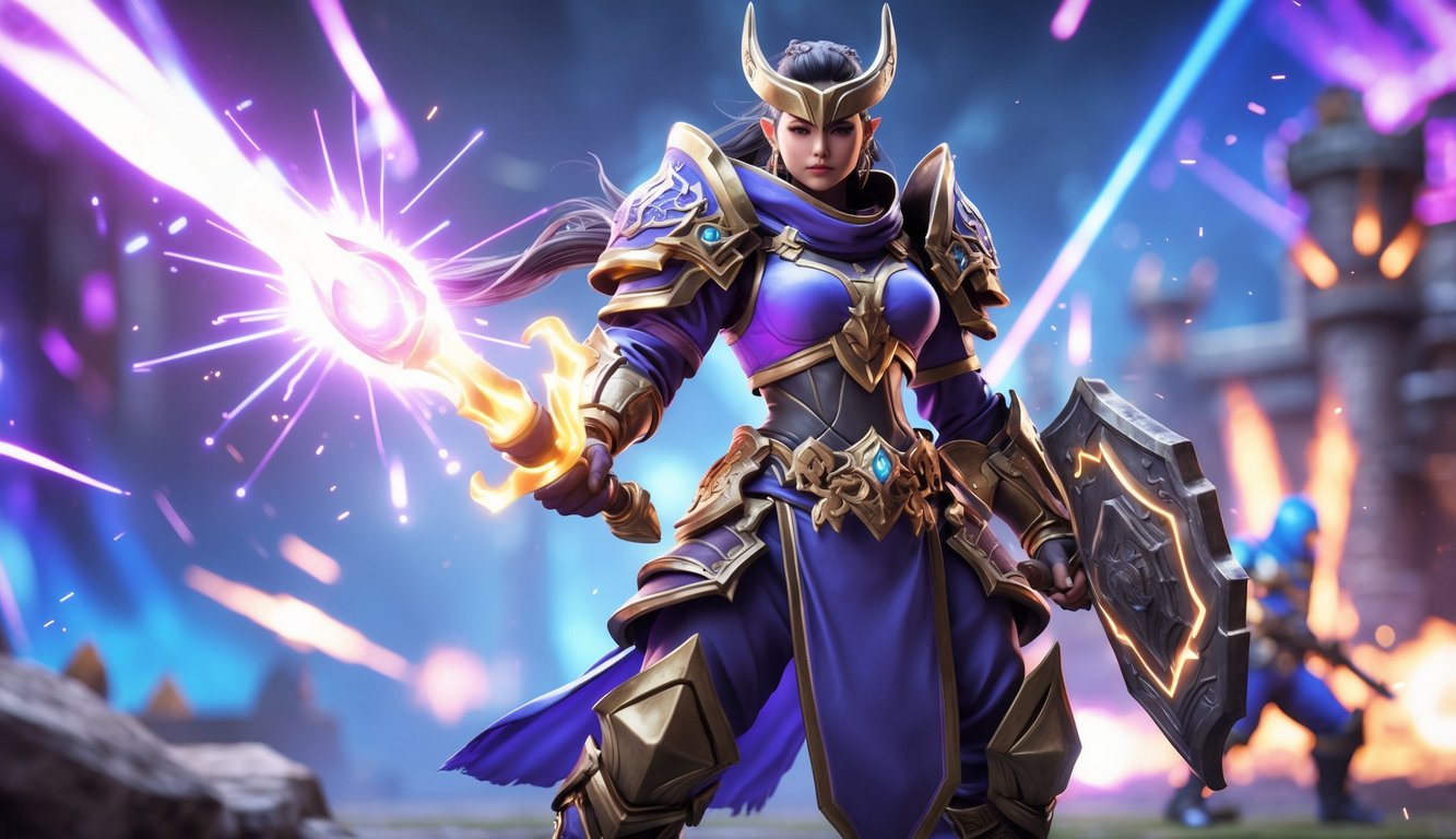 Seorang pahlawan berarmor lengkap dengan senjata bercahaya sedang berdiri di medan perang yang penuh efek ledakan dan energi, menunjukkan kekuatan dan kerusakan besar.