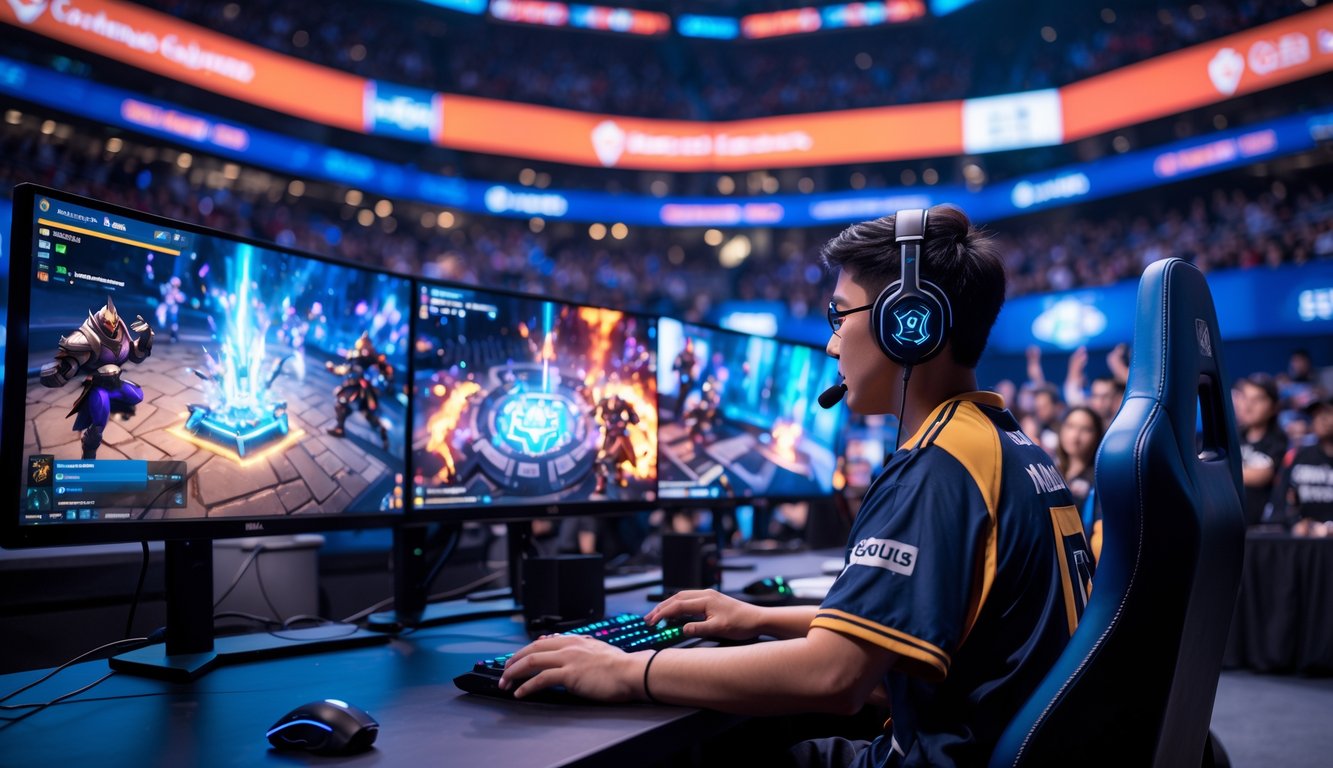 Seorang pemain esports fokus bermain di depan beberapa monitor dengan latar arena kompetisi yang ramai.