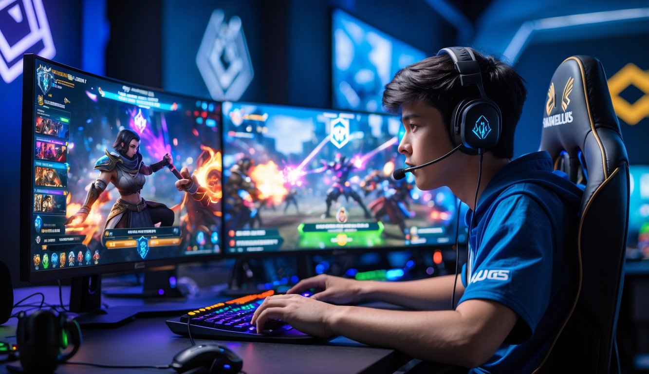 Seorang pemain game muda yang fokus sedang bermain Arena of Valor dengan layar menampilkan pertarungan hero yang memberikan damage tinggi.