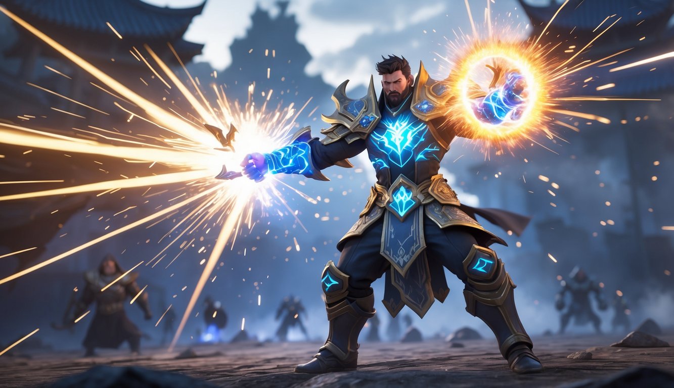 Seorang pahlawan fantasi sedang mengeluarkan ledakan besar energi di medan pertempuran.