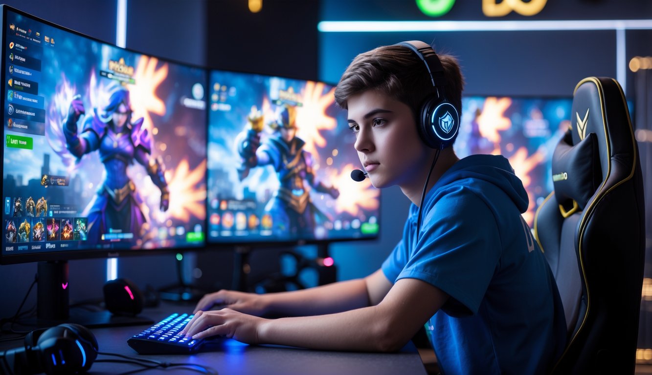 Seorang gamer muda sedang bermain game dengan fokus di depan dua monitor yang menampilkan karakter game sedang bertarung.