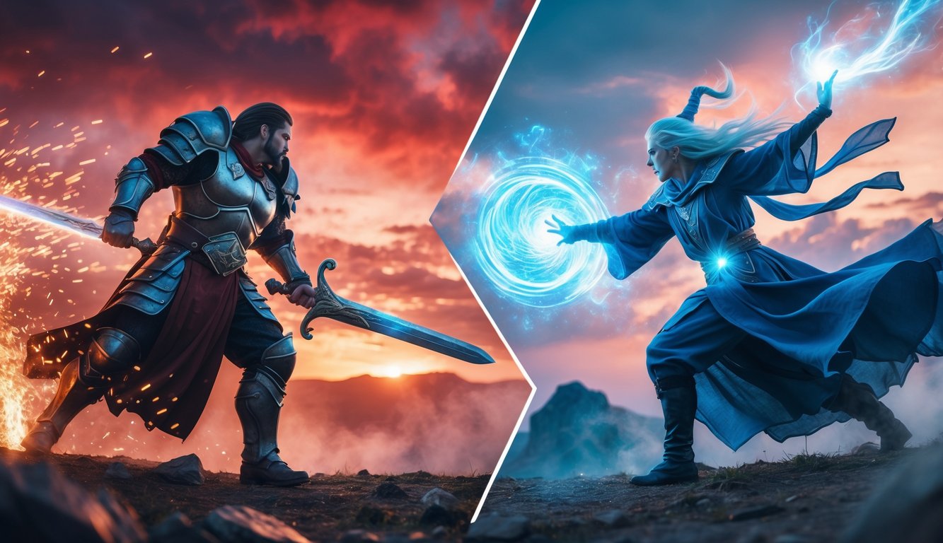 Dua pahlawan berhadapan di medan pertempuran, satu dengan pedang bercahaya dan yang lain mengeluarkan sihir berwarna cerah.