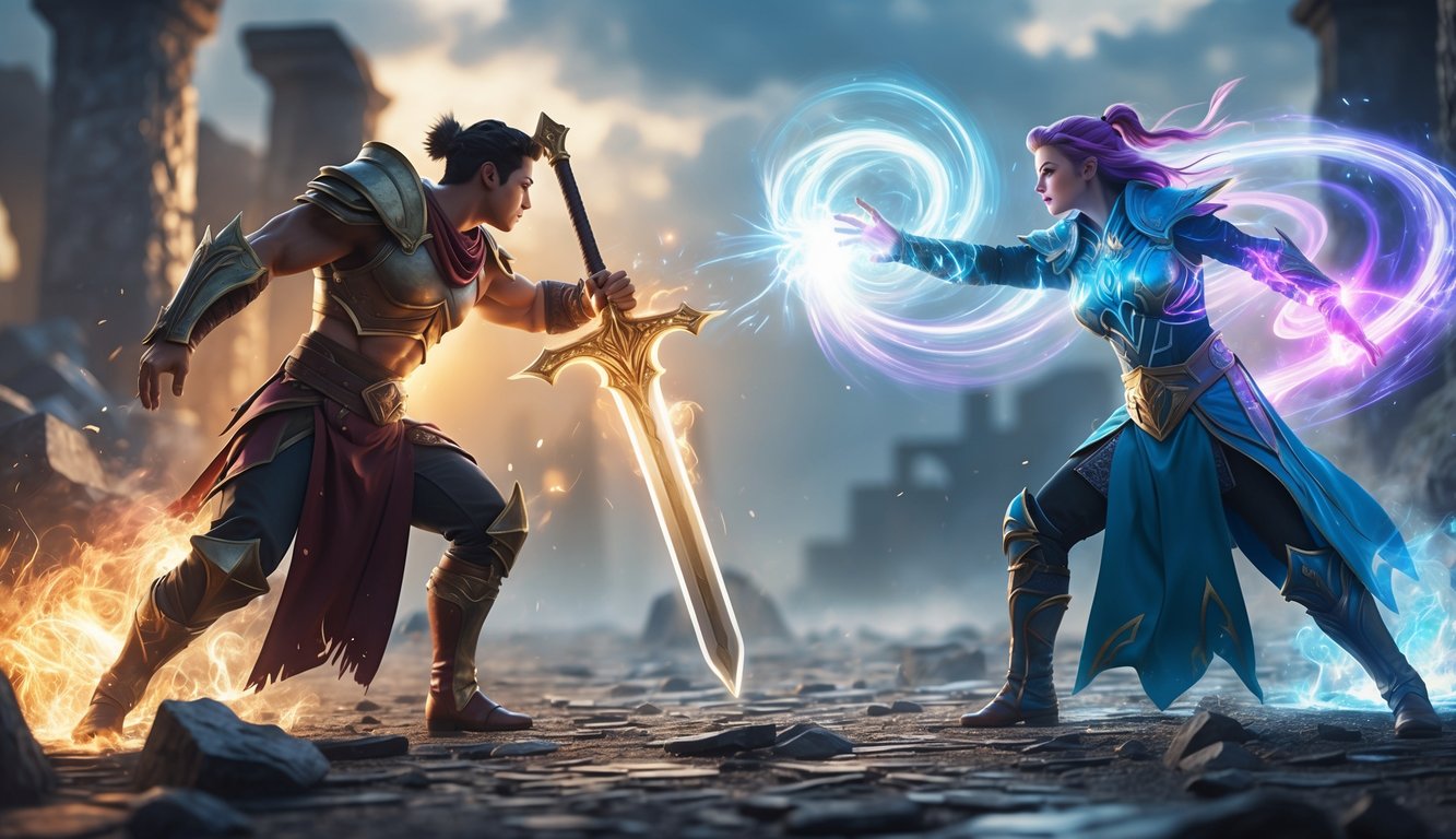 Dua pahlawan bertarung, satu menggunakan pedang besar dan satu lagi mengeluarkan sihir berwarna-warni di medan pertempuran fantasi.