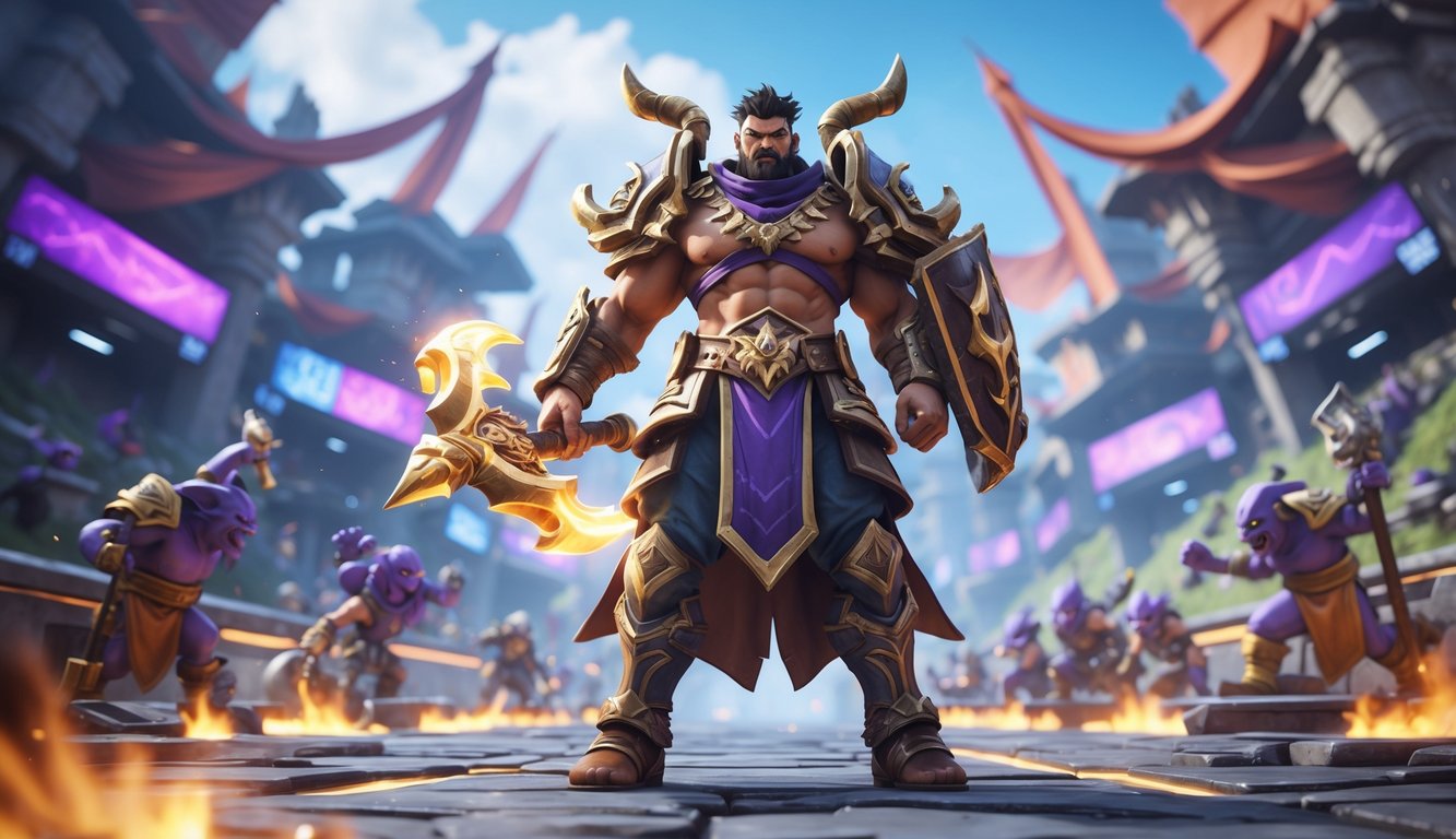 Seorang pahlawan kuat berdiri di tengah medan pertempuran dengan beberapa jalur terlihat di latar belakang, siap menyerang dengan kekuatan tinggi.