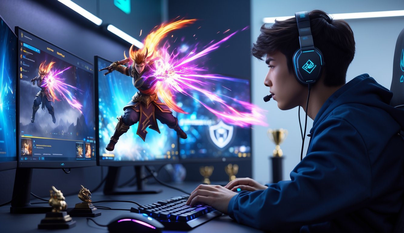 Seorang pemain game muda yang fokus sedang bermain game MOBA dengan tampilan serangan hero yang kuat di layar komputer.
