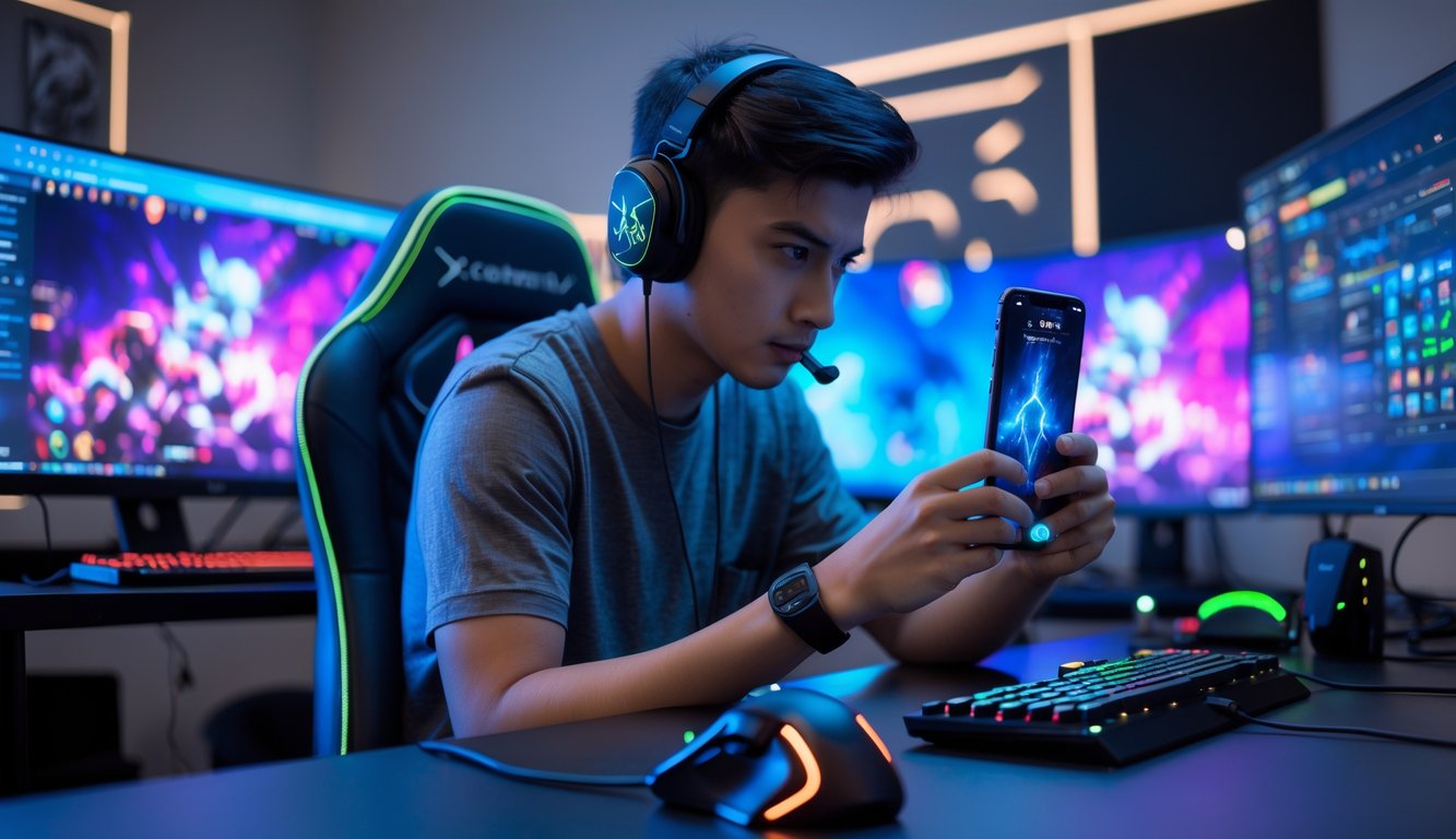 Seorang gamer pria muda sedang fokus bermain game di ponsel di ruangan gaming modern dengan lampu warna-warni dan perlengkapan gaming di meja.