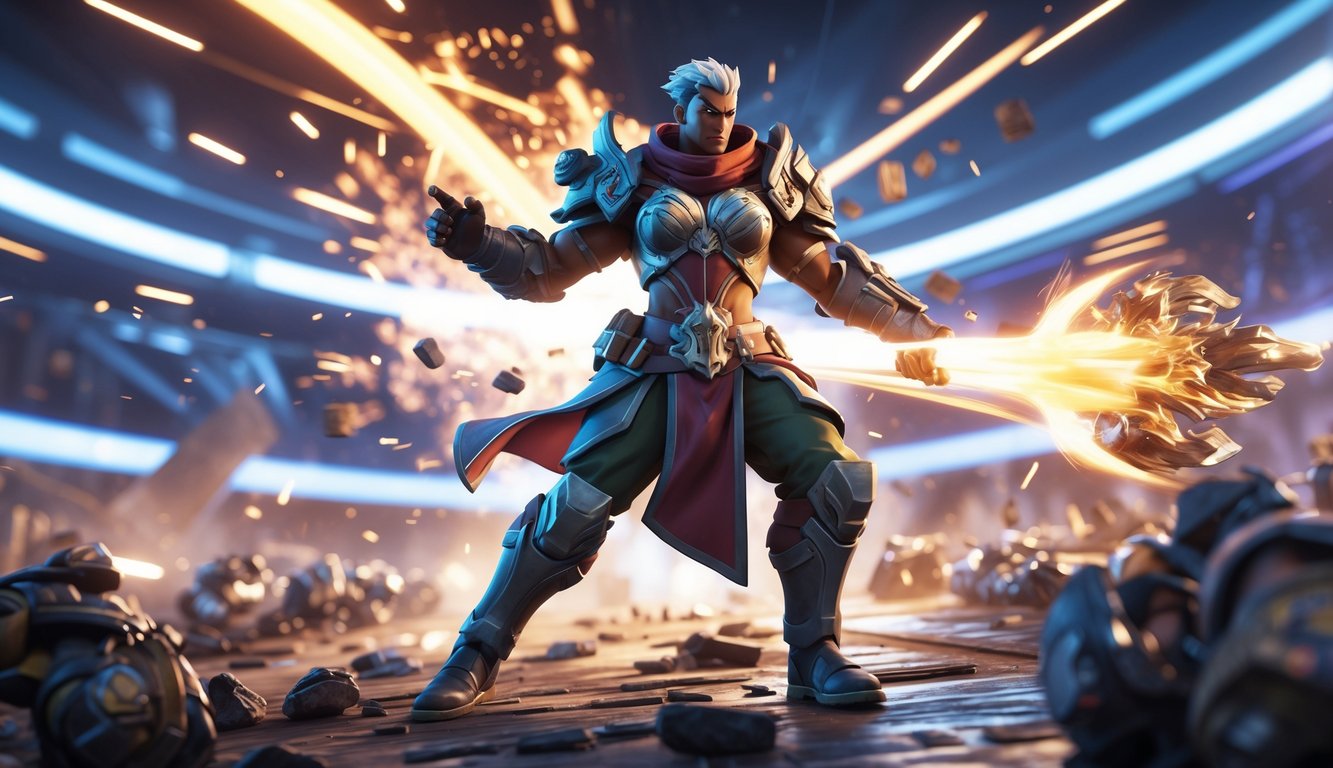 Seorang pahlawan sedang melancarkan serangan area yang kuat di medan pertempuran dengan latar arena teknologi tinggi.