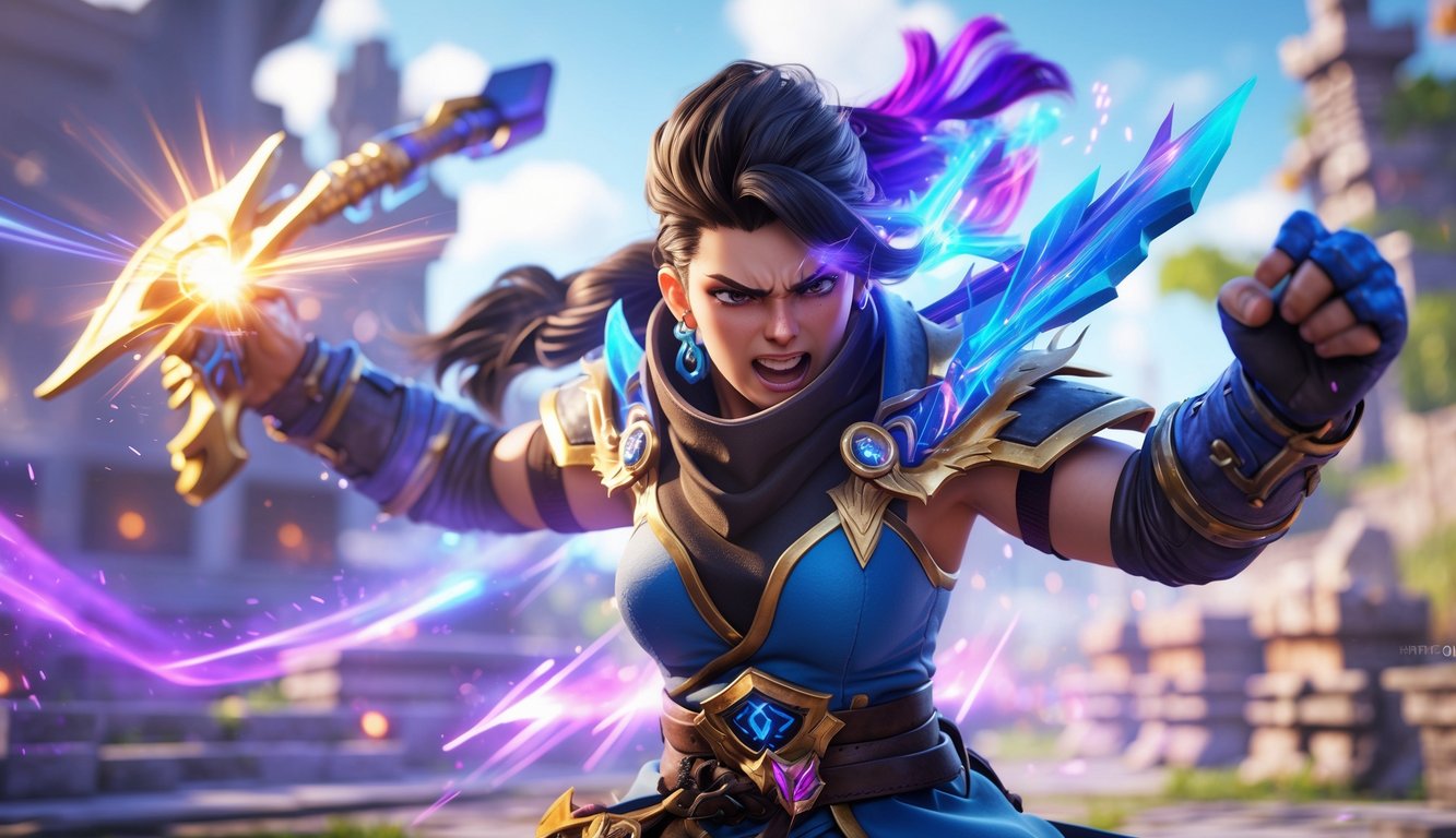 Seorang pahlawan kuat sedang bertarung di medan pertempuran fantasi dengan efek cahaya dan energi yang mencolok.