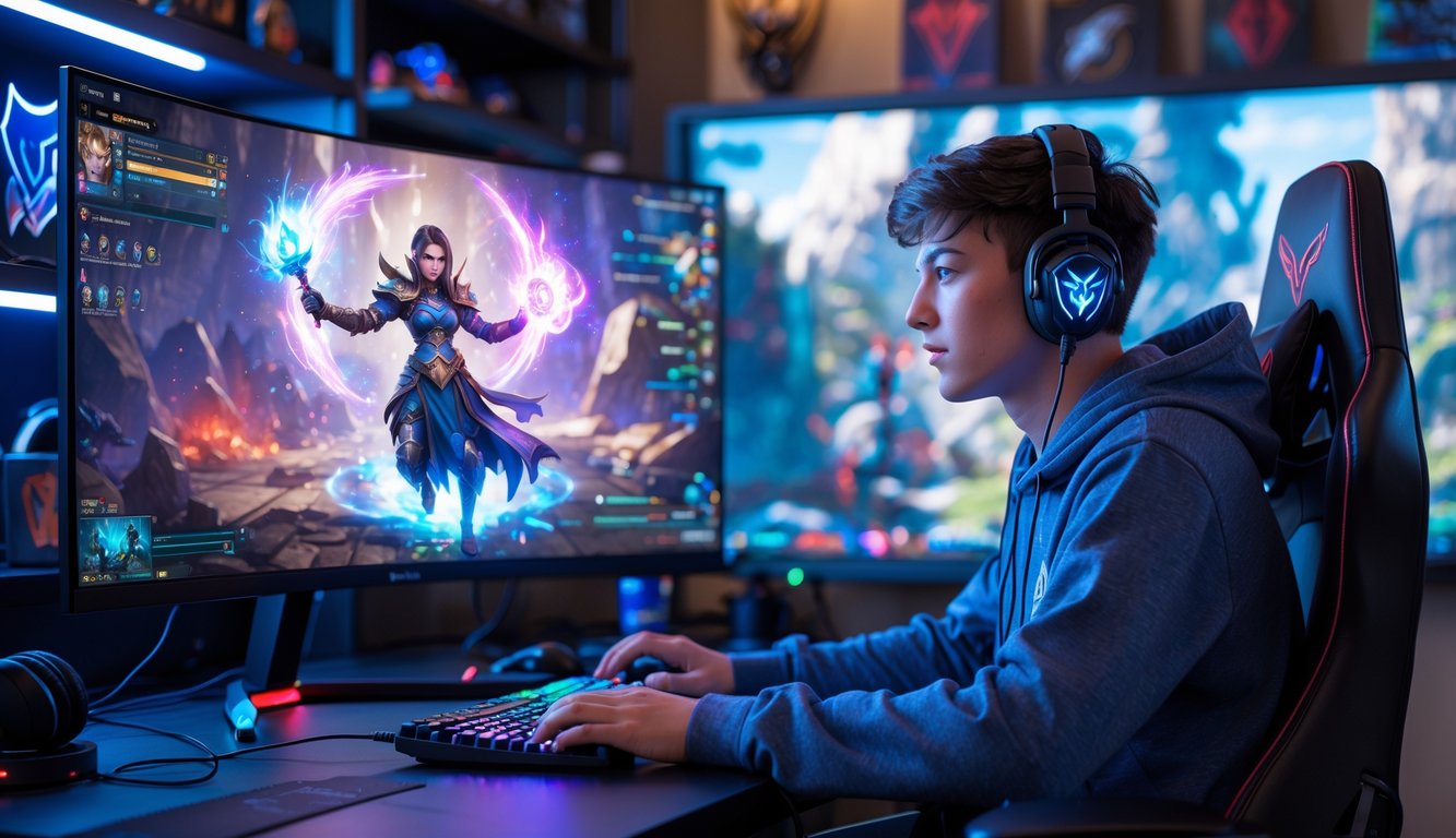 Seorang gamer muda sedang bermain game fantasi dengan karakter penyihir kuat di depan layar komputer dalam ruangan dengan peralatan gaming.