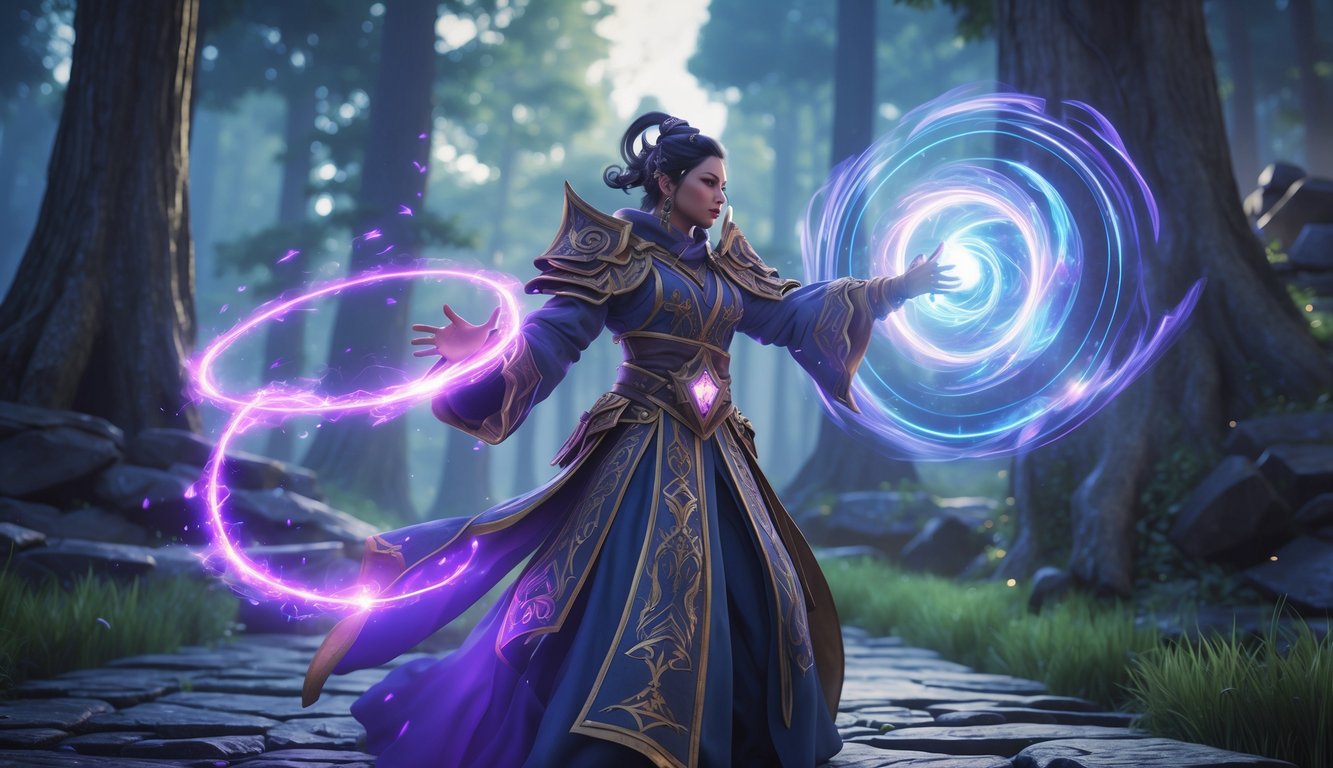 Seorang pahlawan mage sedang mengeluarkan mantra sihir yang bercahaya di tengah hutan magis yang penuh energi dan rune.