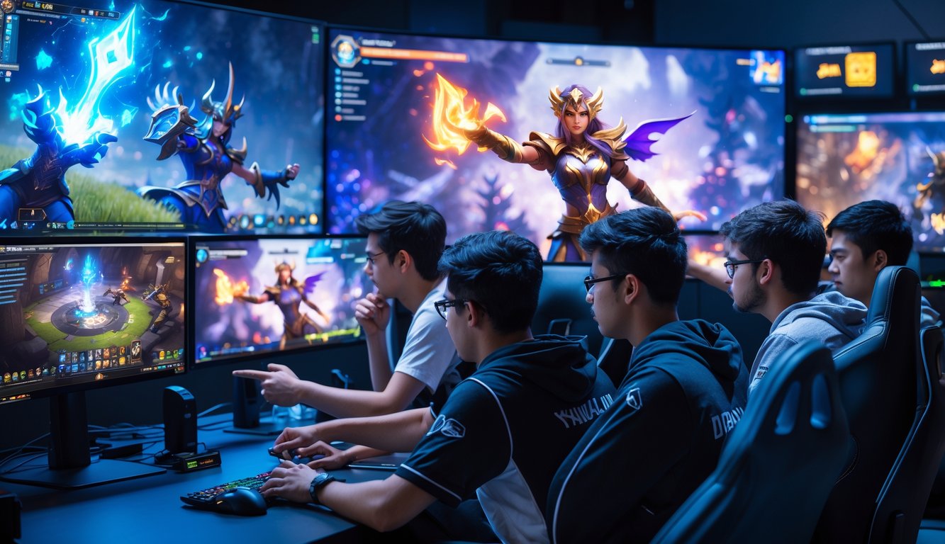 Sekelompok pemain esports sedang berdiskusi dan merencanakan strategi dalam permainan Vainglory dengan fokus pada karakter Mage.