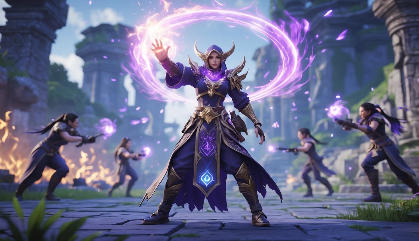 Adegan pertarungan tim dalam game dengan karakter hero mage yang sedang mengeluarkan sihir di medan pertempuran fantasi.