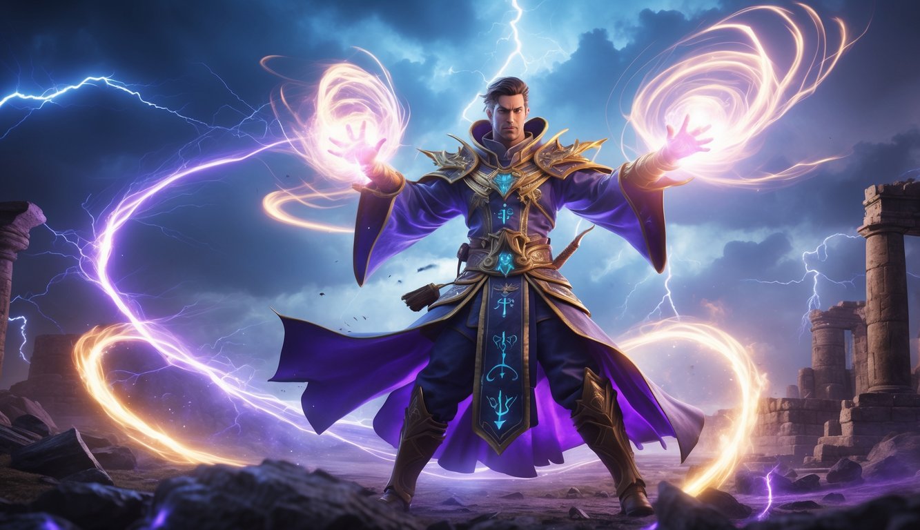 Seorang pahlawan penyihir kuat sedang mengeluarkan mantra di medan pertempuran magis yang penuh energi dan reruntuhan kuno.