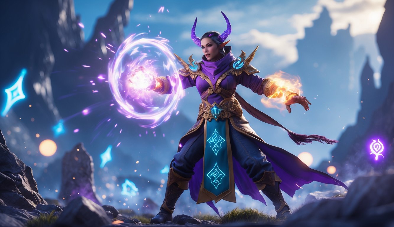 Seorang pahlawan mage dari Vainglory sedang mengeluarkan sihir kuat di medan pertempuran fantasi yang dramatis.