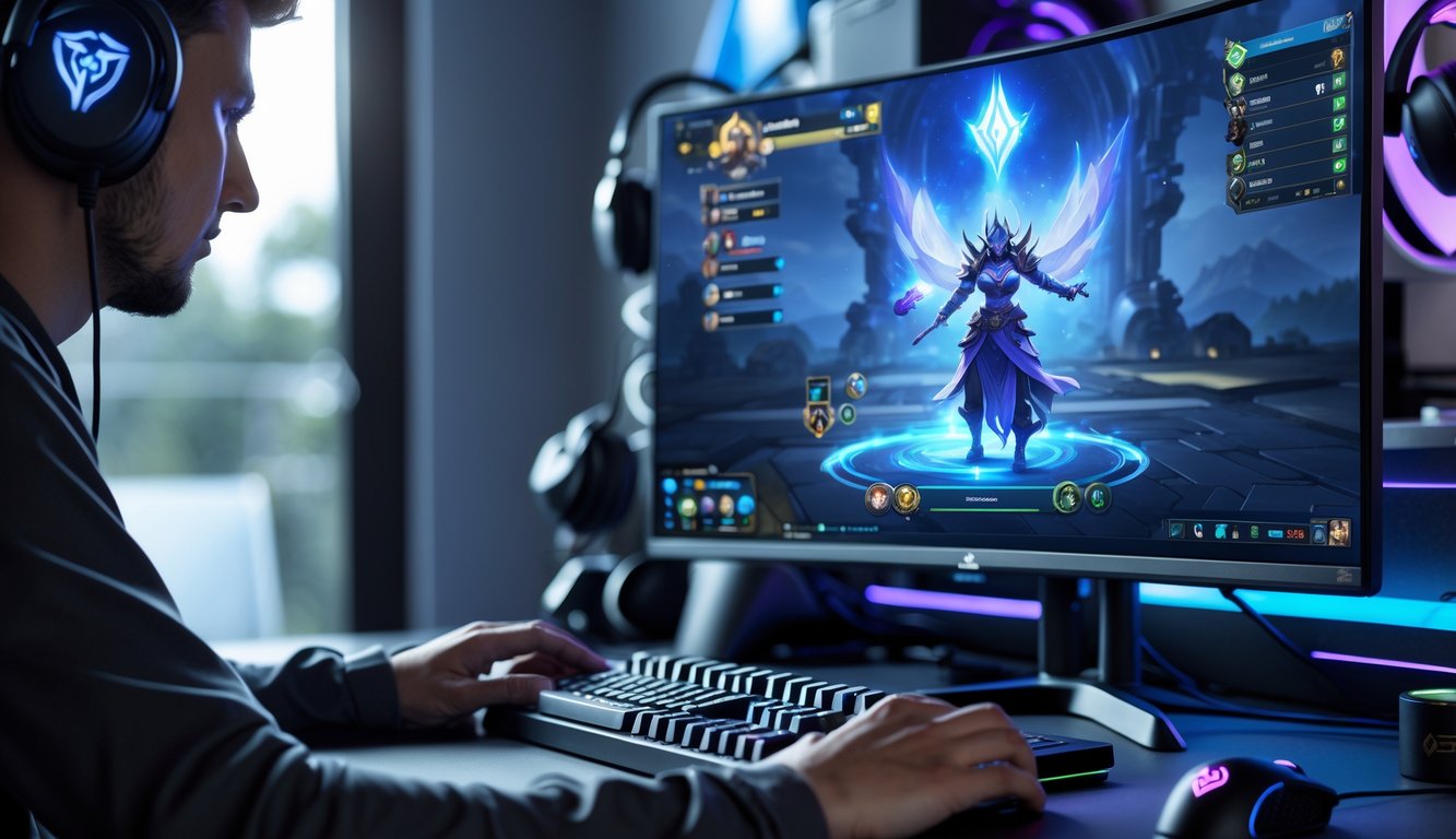 Seorang pemain sedang bermain Vainglory dengan fokus pada hero mage di lane tengah, terlihat tangan pemain menggunakan keyboard dan mouse di depan layar komputer.