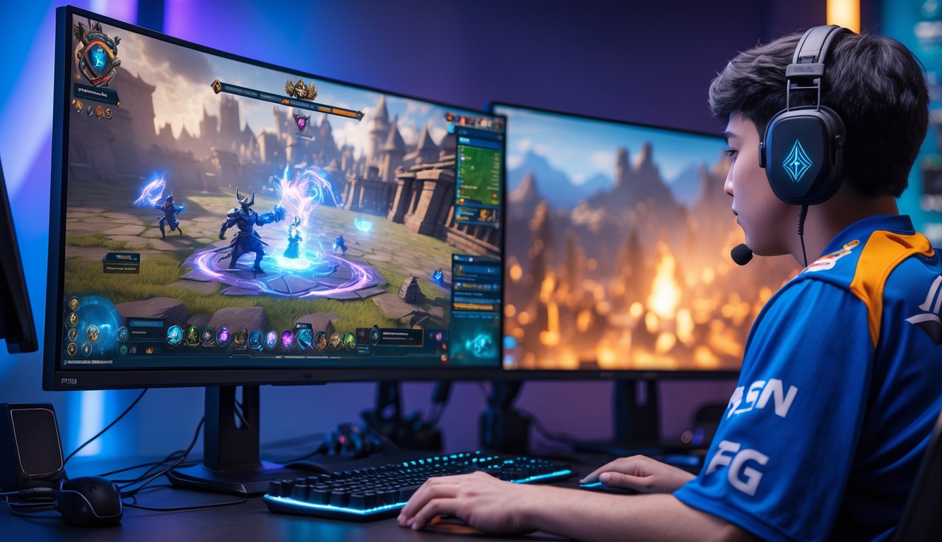 Seorang pemain esports fokus bermain game MOBA dengan karakter hero mage di lane tengah, di depan layar komputer dengan perlengkapan gaming lengkap.