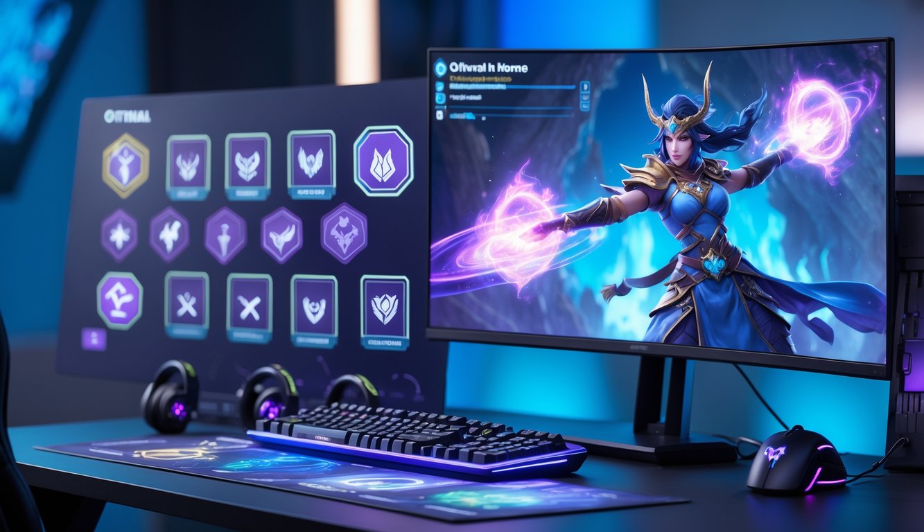 Seorang pemain game sedang menggunakan komputer dengan gambar pahlawan mage dari permainan MOBA yang sedang mengeluarkan sihir, dikelilingi oleh ikon item permainan di meja.