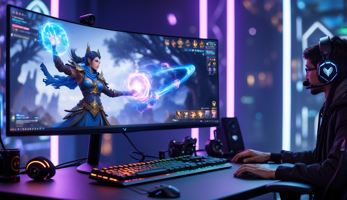 Setup gaming dengan monitor menampilkan karakter hero mage dari Vainglory sedang menggunakan sihir dengan efek cahaya magis.