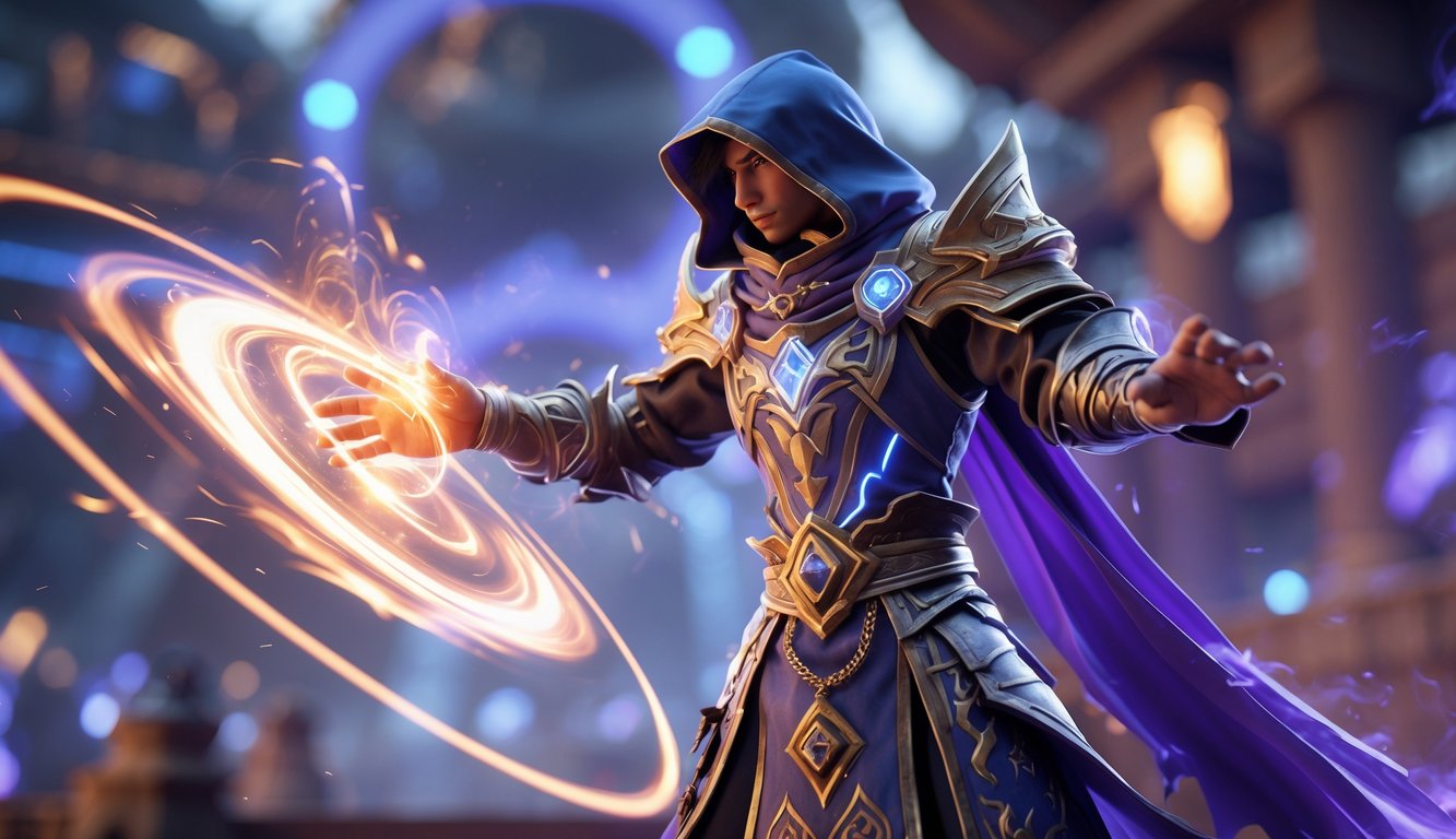 Seorang penyihir pahlawan sedang melancarkan mantra di medan pertempuran dalam pertandingan solo ranked.