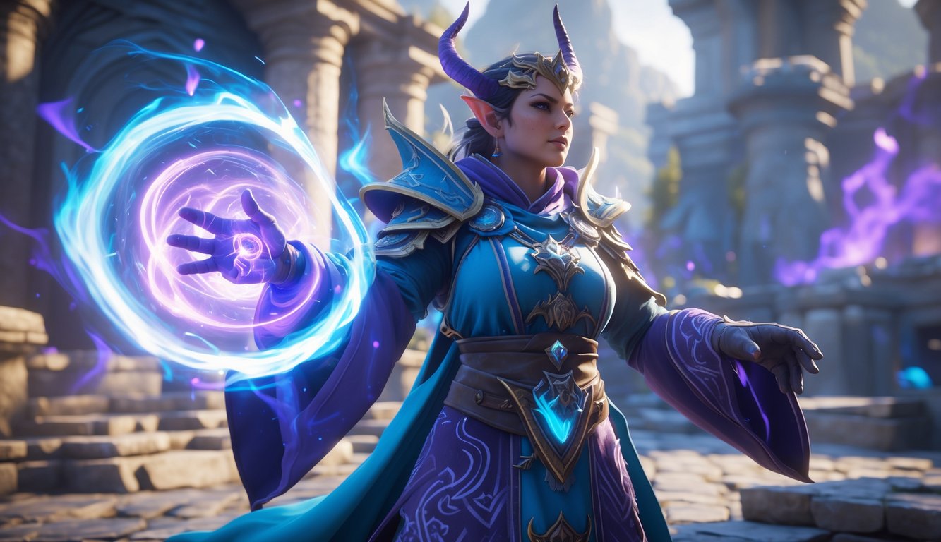 Seorang pahlawan mage sedang mengeluarkan mantra sihir berenergi di medan pertempuran fantasi dengan reruntuhan kuno di latar belakang.