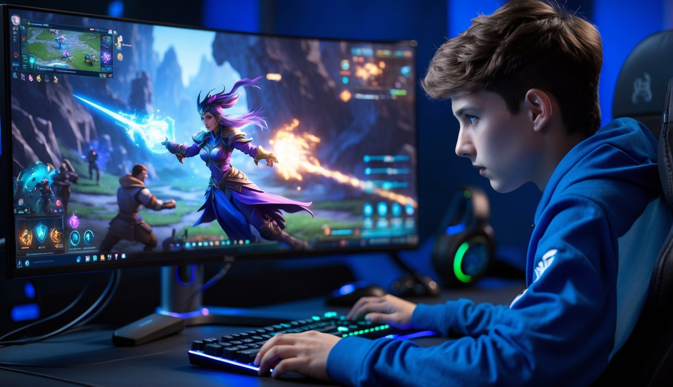 Seorang pemain game sedang fokus bermain hero mage dalam sebuah permainan MOBA di depan layar komputer.